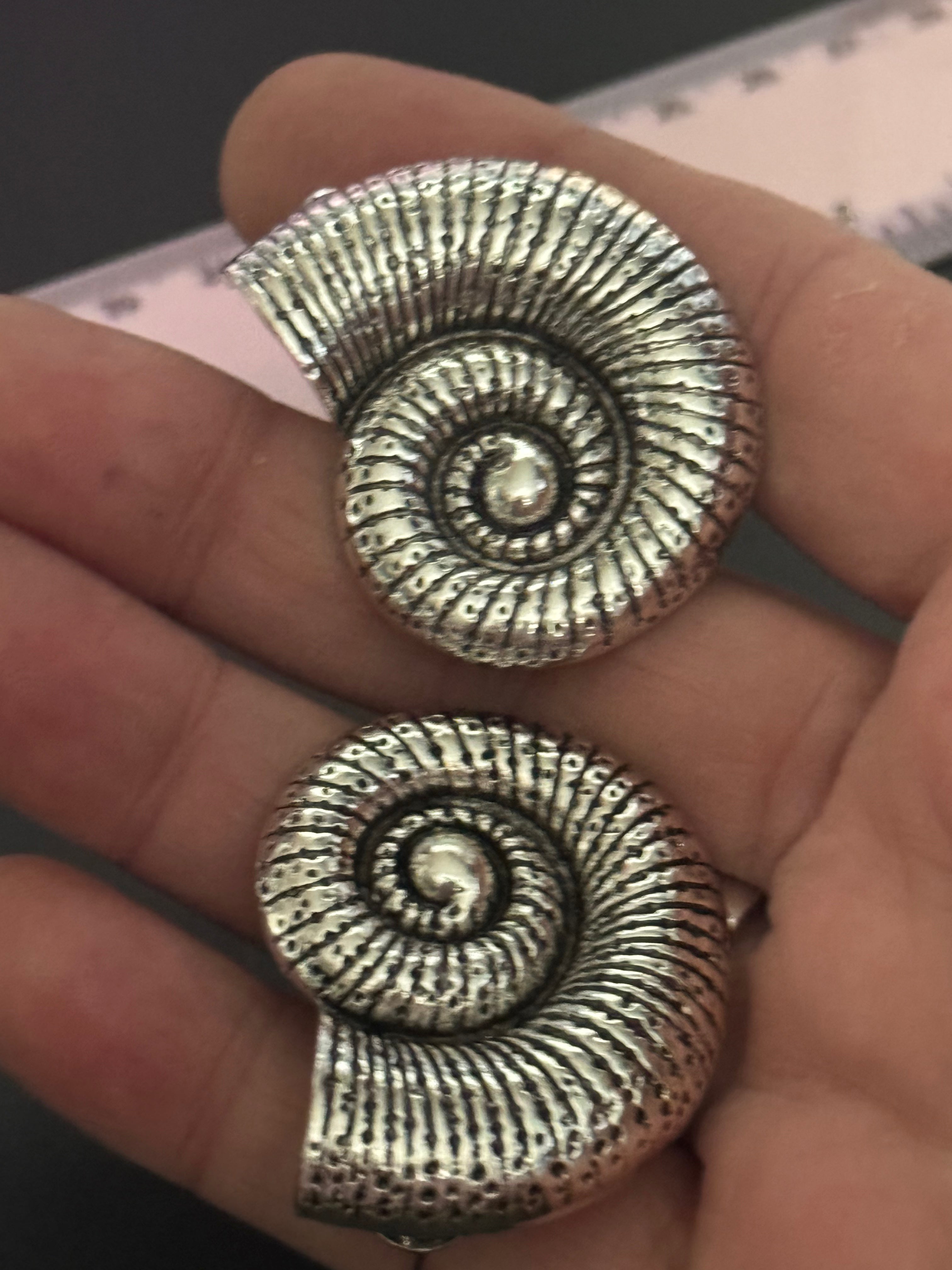 Oversized silver tone sea shell ammonite nautical earrings pierced