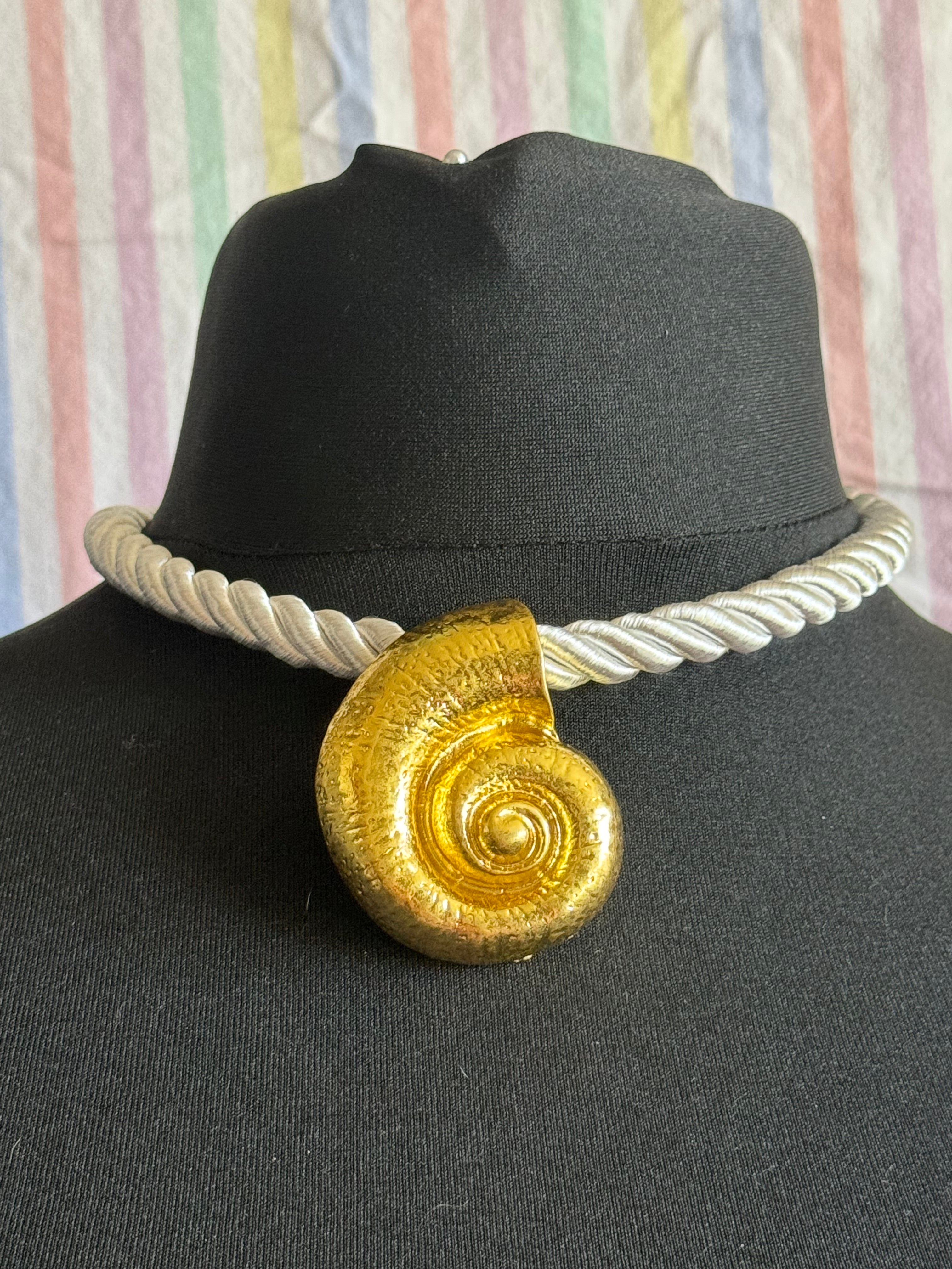 Big gold tone seashell nautical shell necklace on white cord