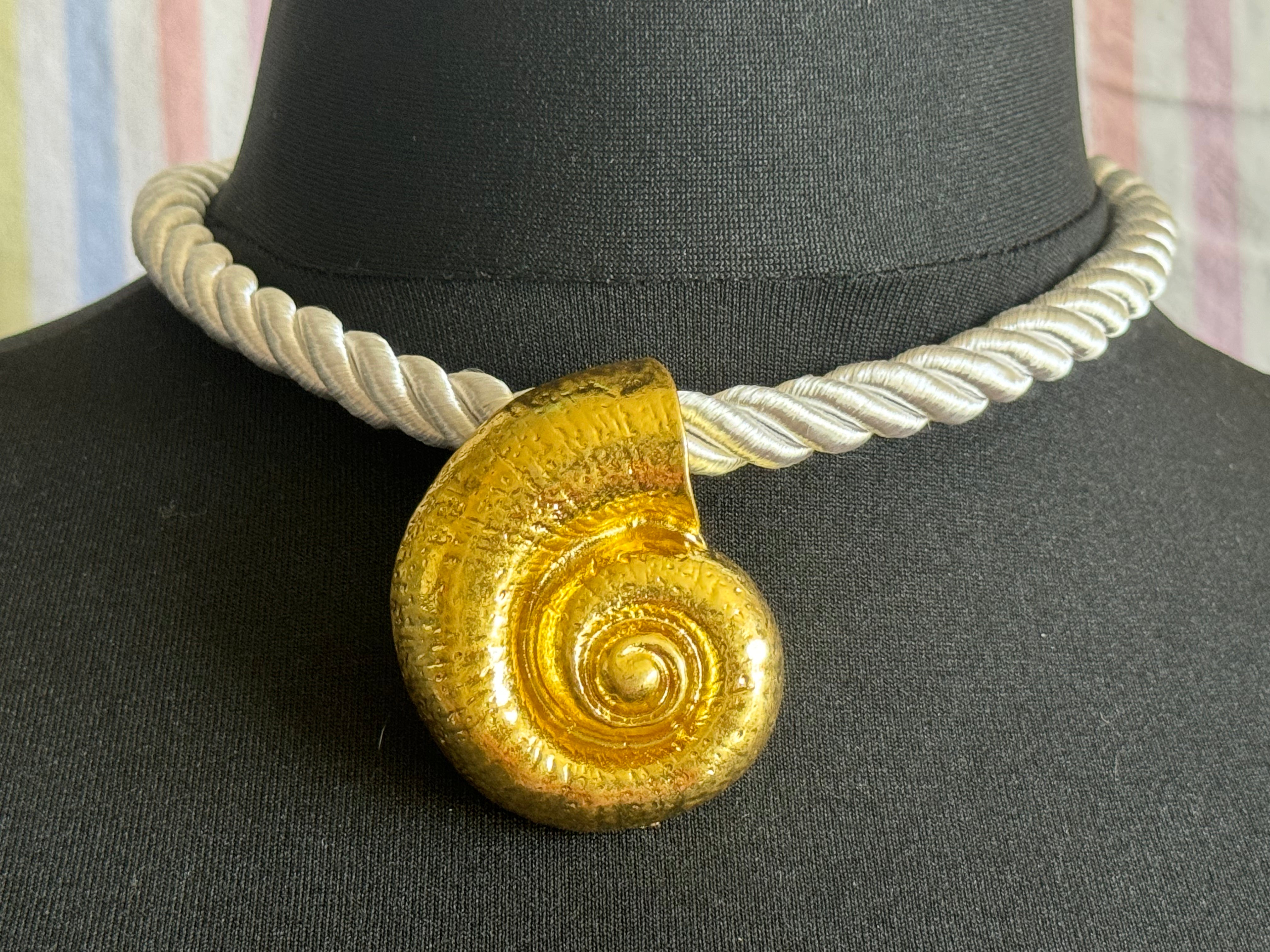 Big gold tone seashell nautical shell necklace on white cord