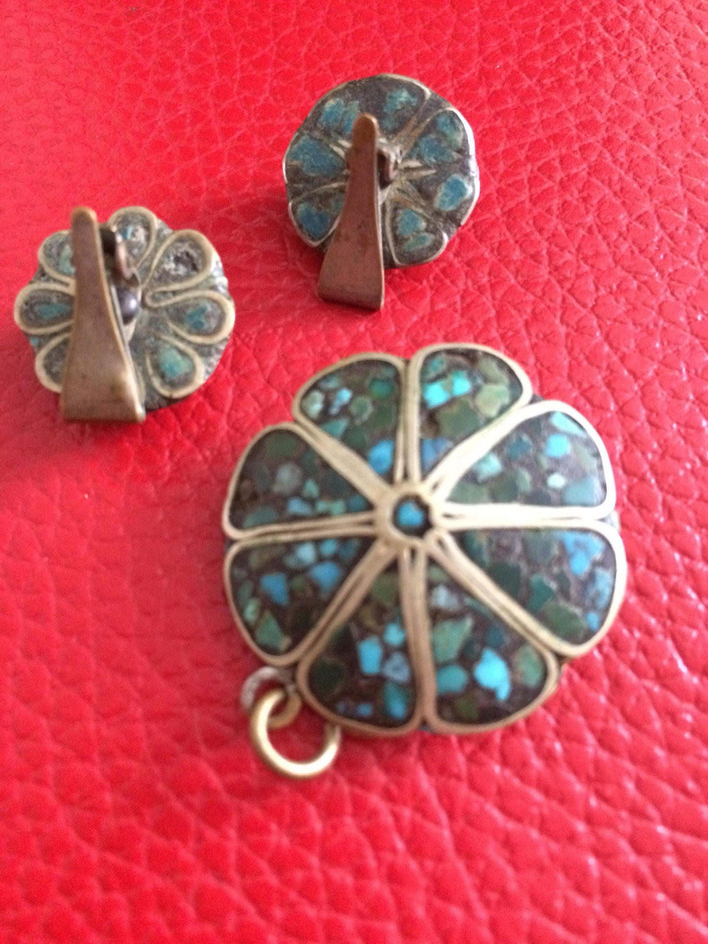 Antique victorian white metal blue turquoise mosaic pendant and clip on earrings or dress clips