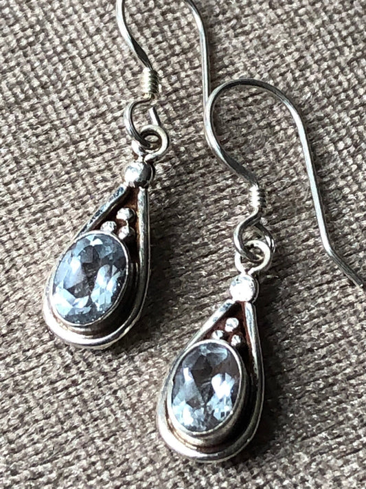 Cut Blue Topaz gem stone stamped 925 silver drop retro earrings vintage Victorian Edwardian antique style sterling silver Aquamarine