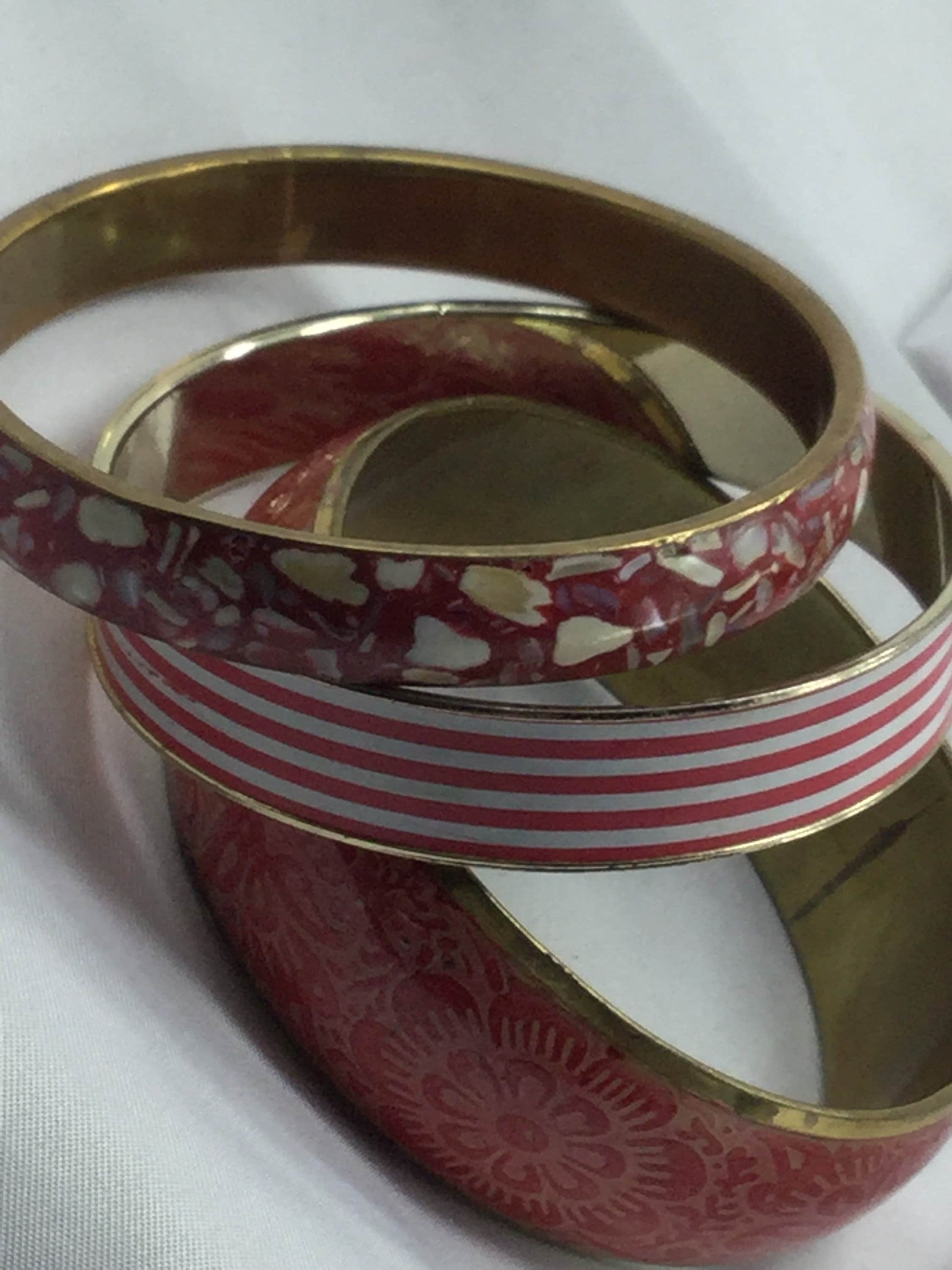 4cm wide 3 chunky vintage stacking Bangles red brass enamel metal bracelets