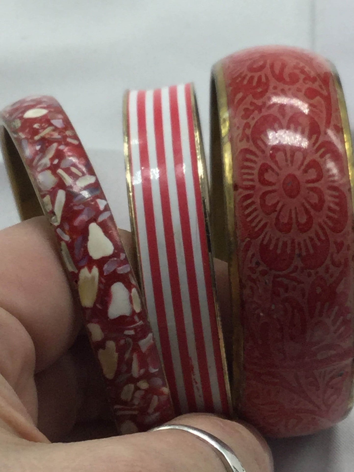 4cm wide 3 chunky vintage stacking Bangles red brass enamel metal bracelets