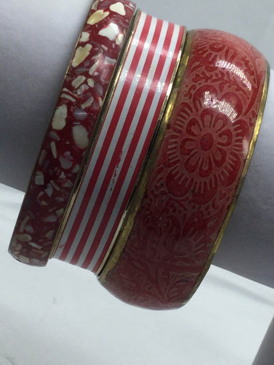 4cm wide 3 chunky vintage stacking Bangles red brass enamel metal bracelets