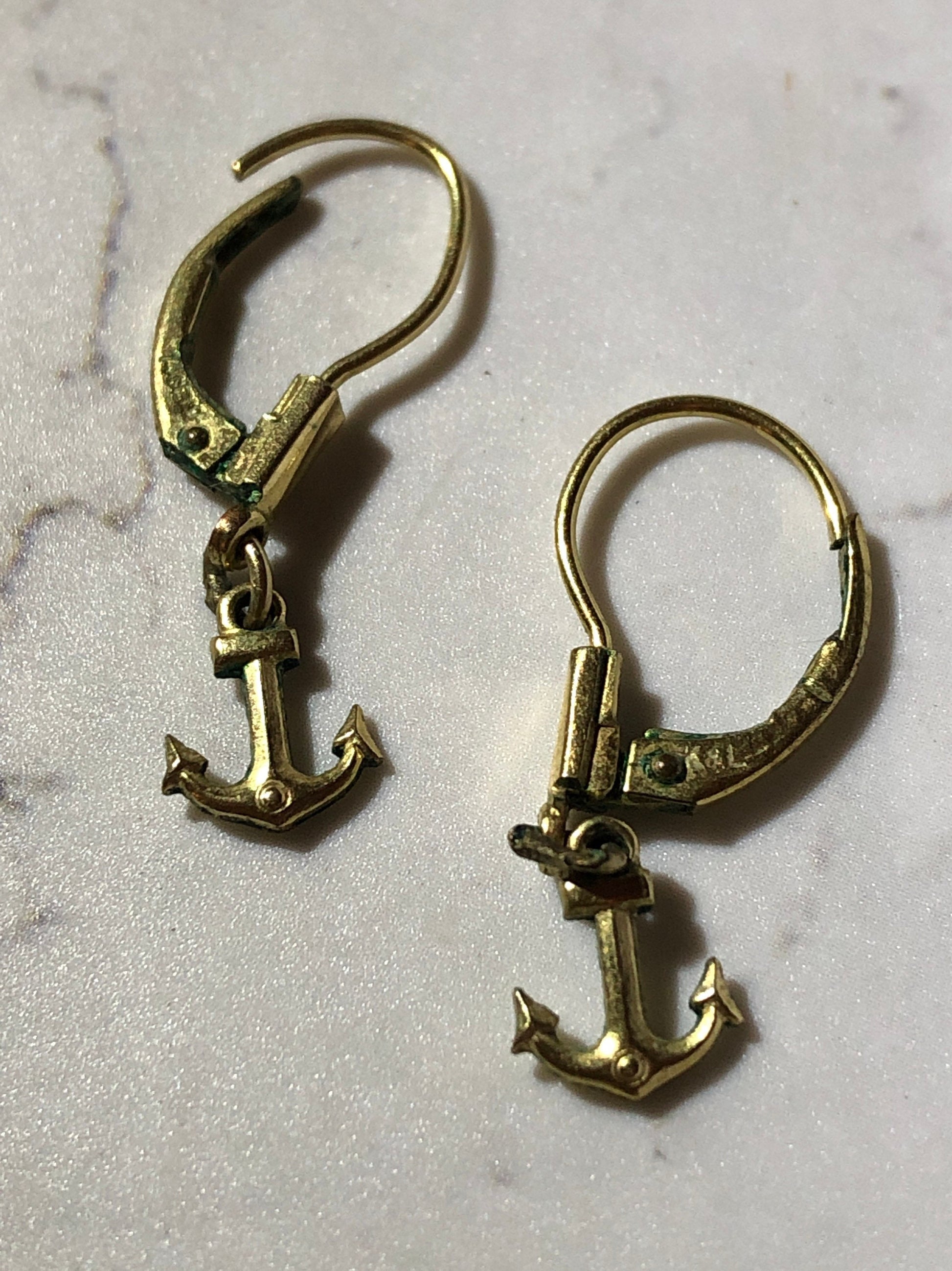 RG retro rolled gold small drop dropper anchor earrings for pierced ears