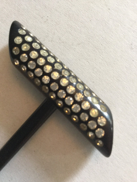 True Art Deco flash pin diamante set black bakelite hat pin hairpin