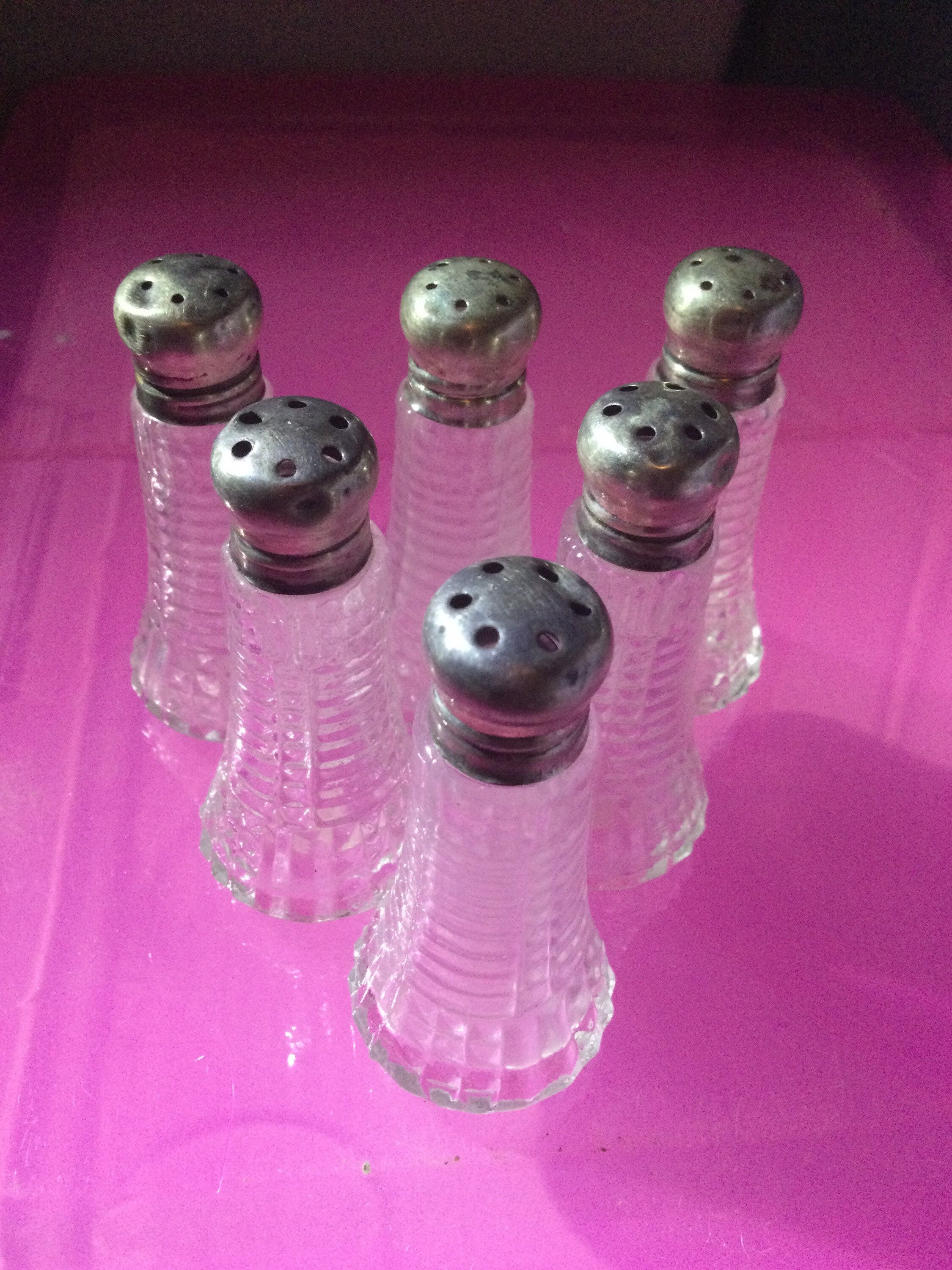 Set of 6 sterling silver topped pressed clear glass small individual salt and pepper pots