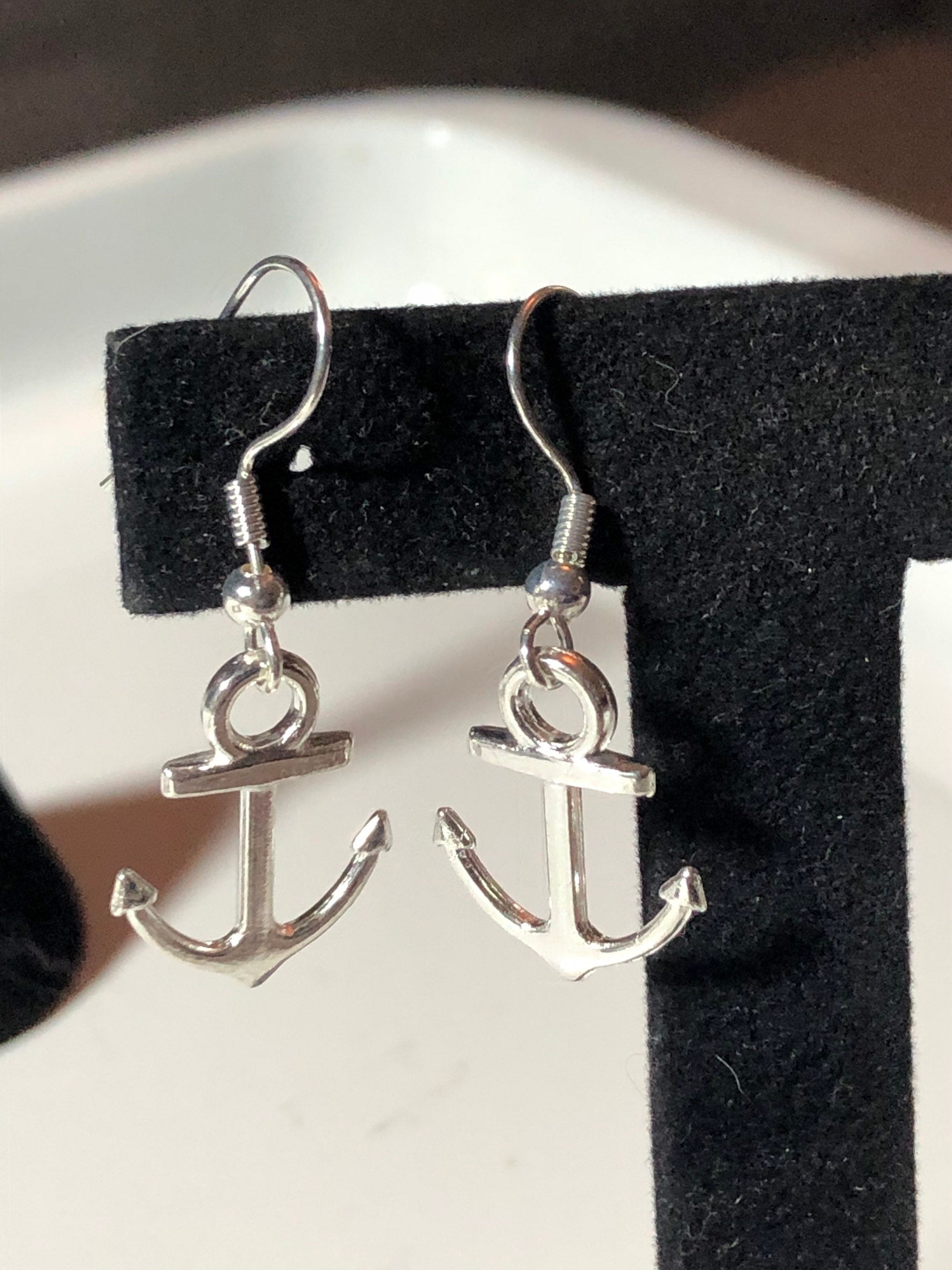 Nautical silver tone anchor small drop earrings pierced ears