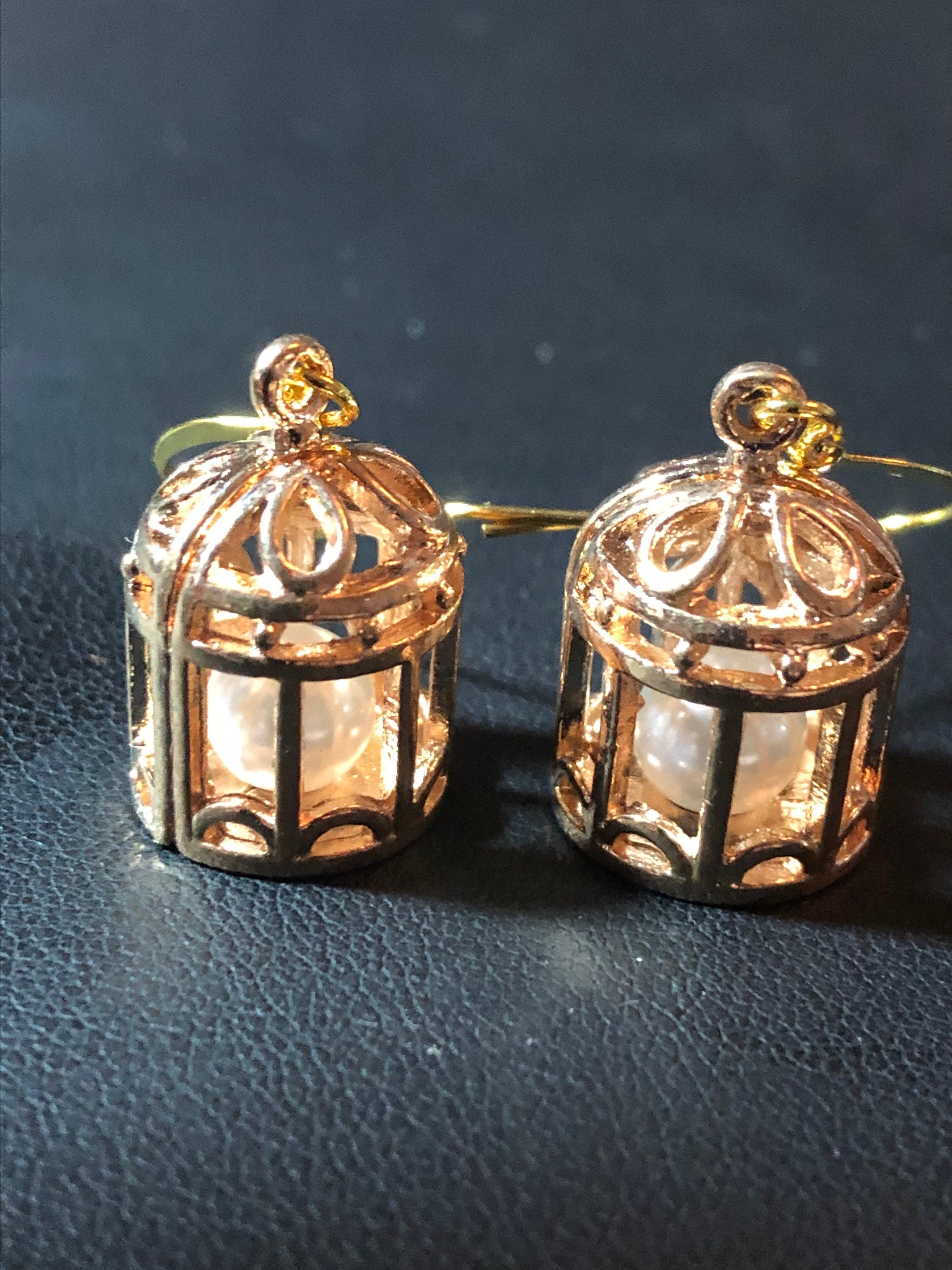 Vintage style gold tone bird cage earrings with inner Pearl pierced ears