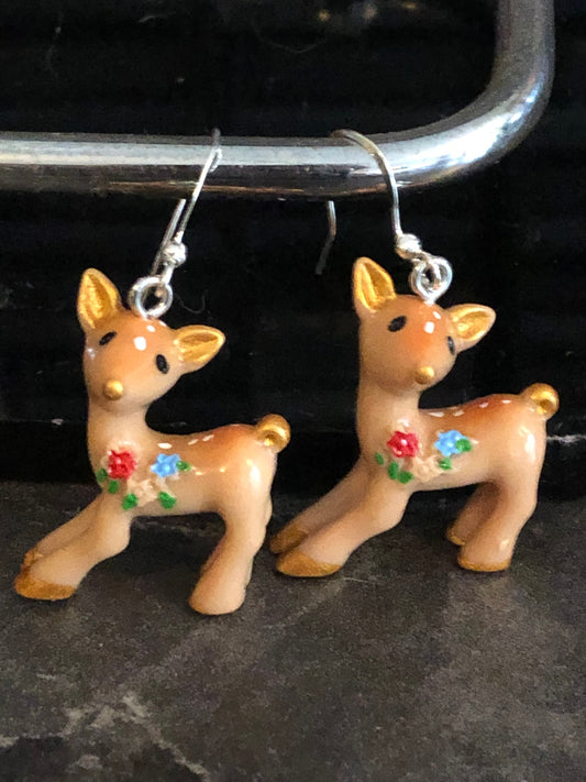 vintage brown Baby Deer dangly earrings pierced kitsch style