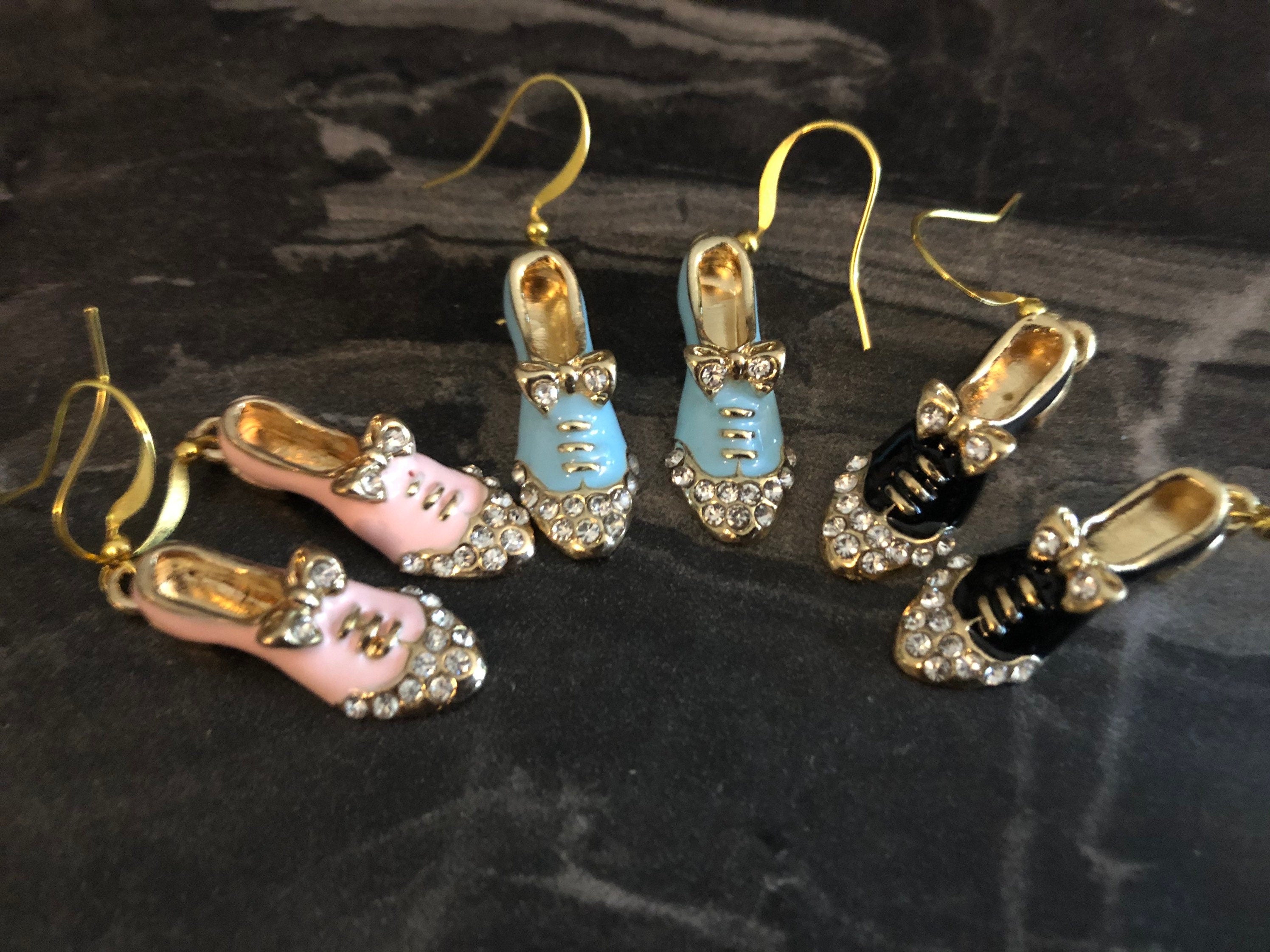 gold tone BLUE enamel and diamanté rhinestone brogue shoe drop earrings for pierced ears