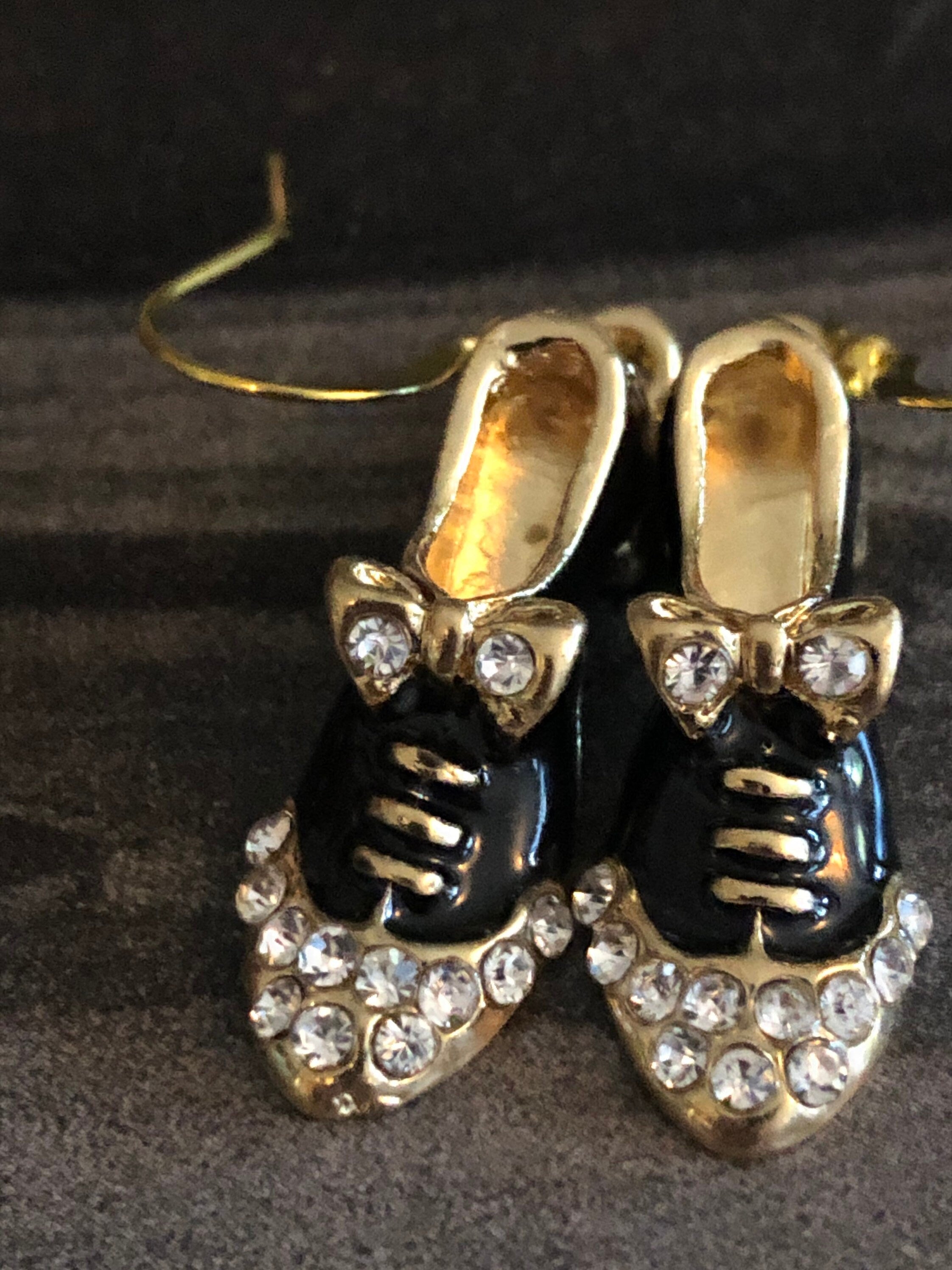 Black enamel diamanté brogue shoe earrings