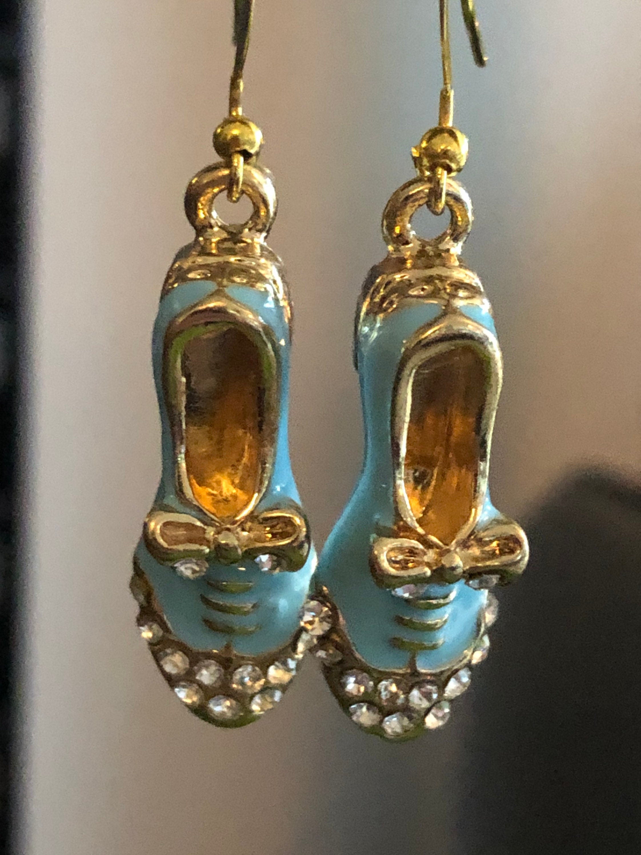 gold tone BLUE enamel and diamanté rhinestone brogue shoe drop earrings for pierced ears