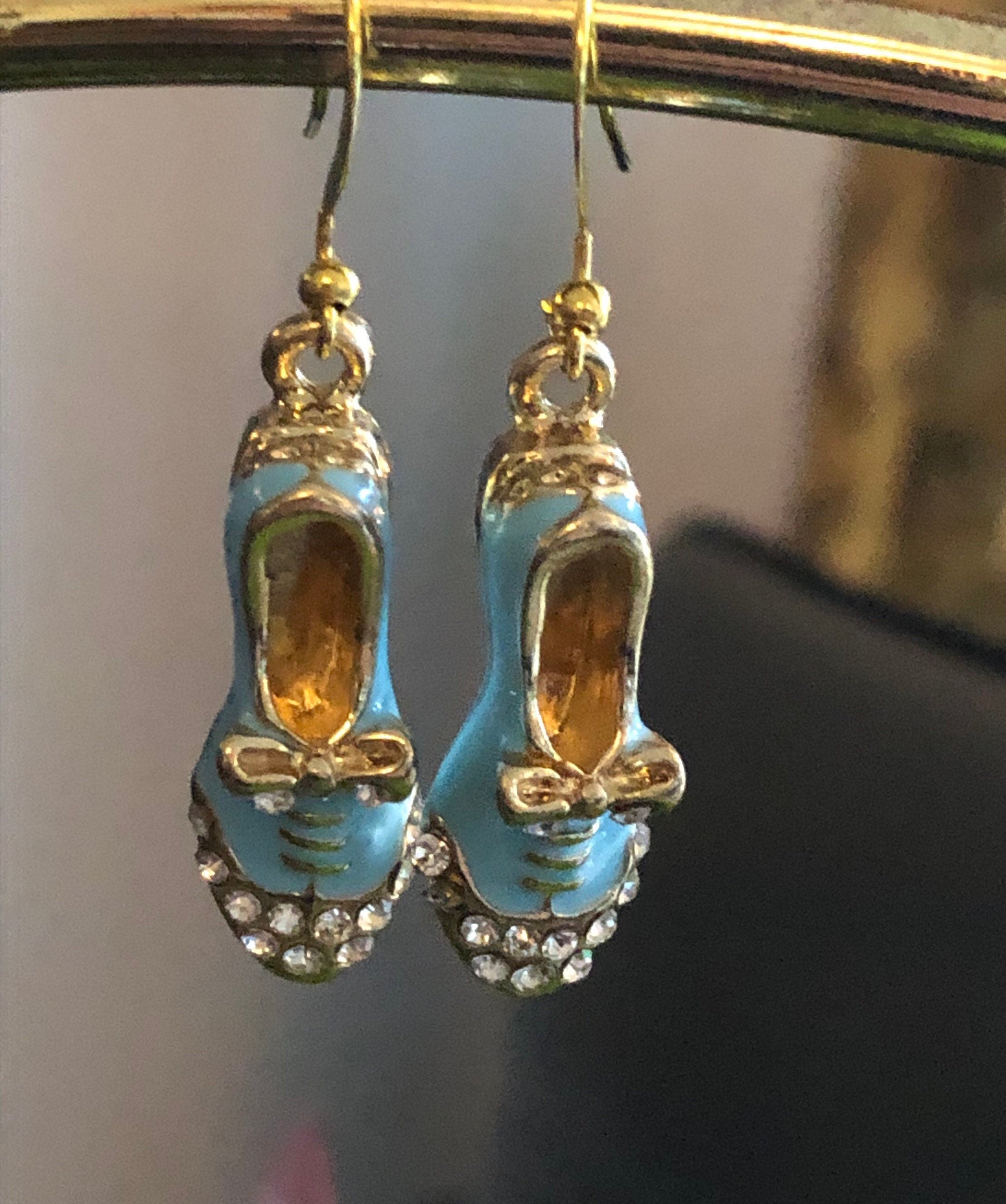 gold tone BLUE enamel and diamanté rhinestone brogue shoe drop earrings for pierced ears