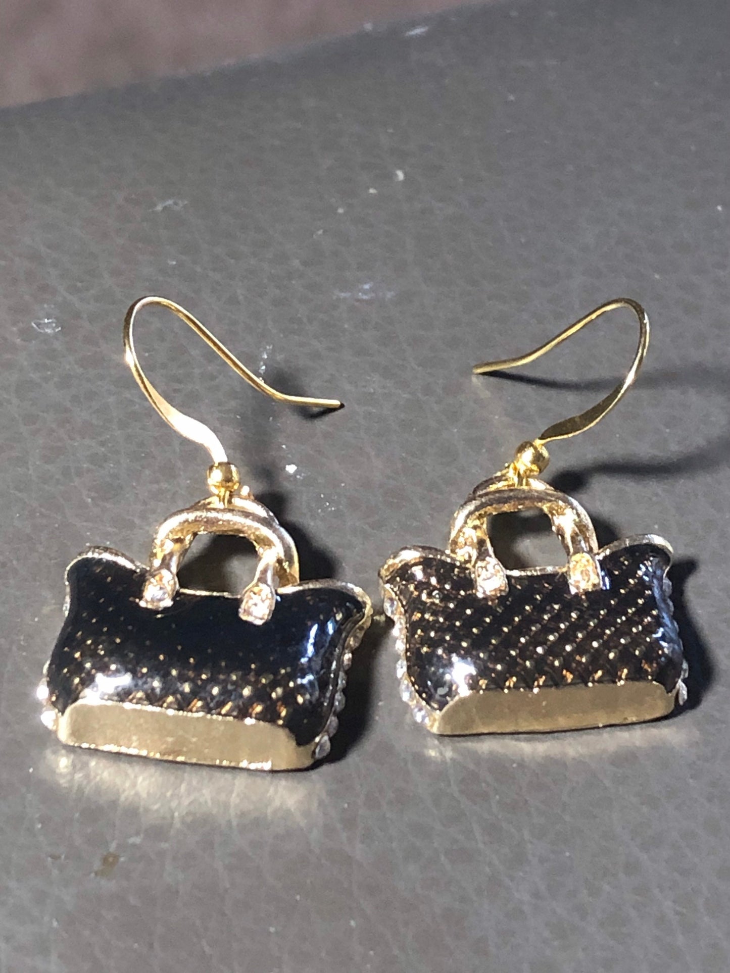 tote bag earrings gold tone black enamel rhinestone handbag drop earrings