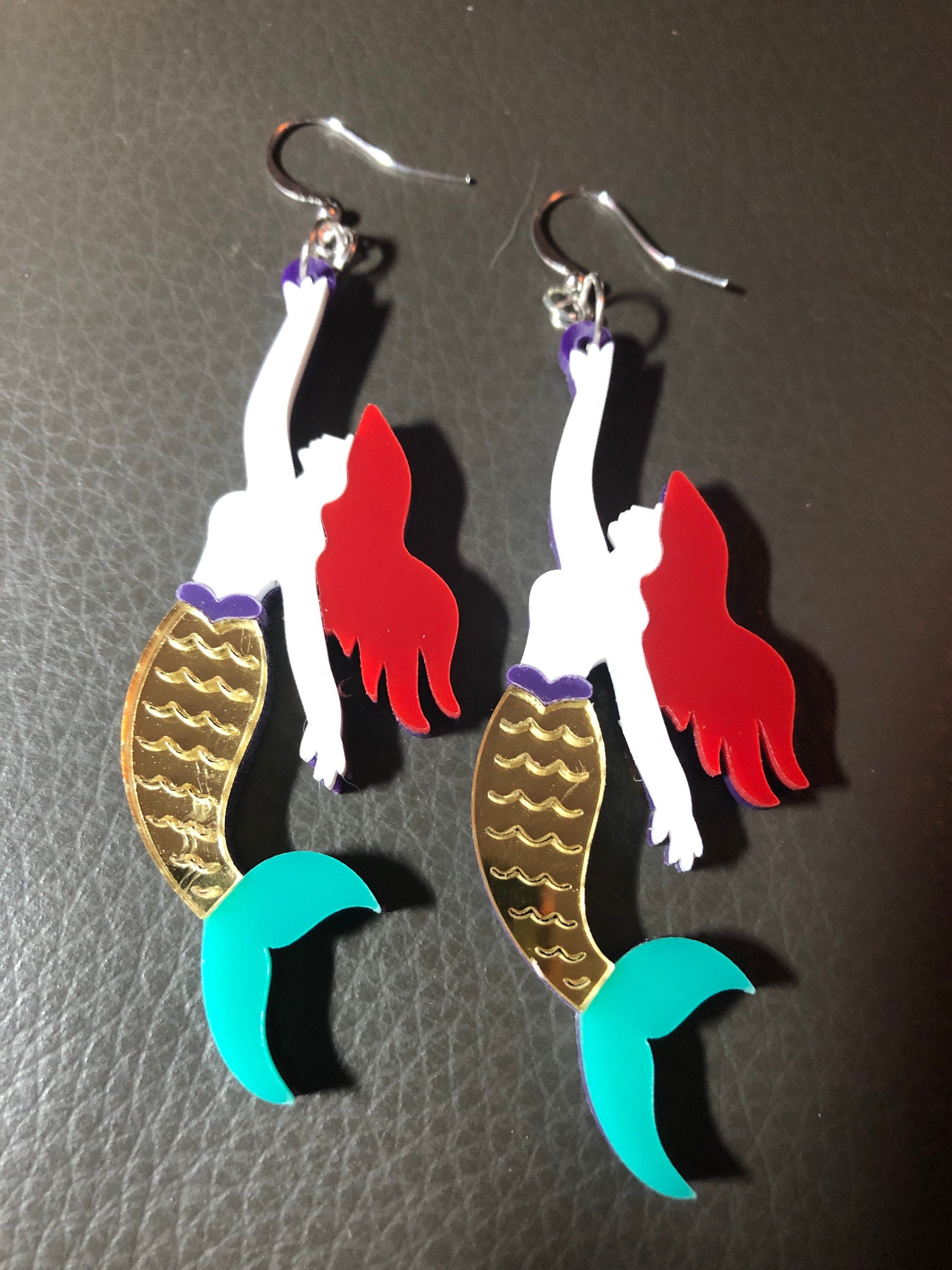 oversized acrylic gold blue mermaid drop earrings for pierced ears