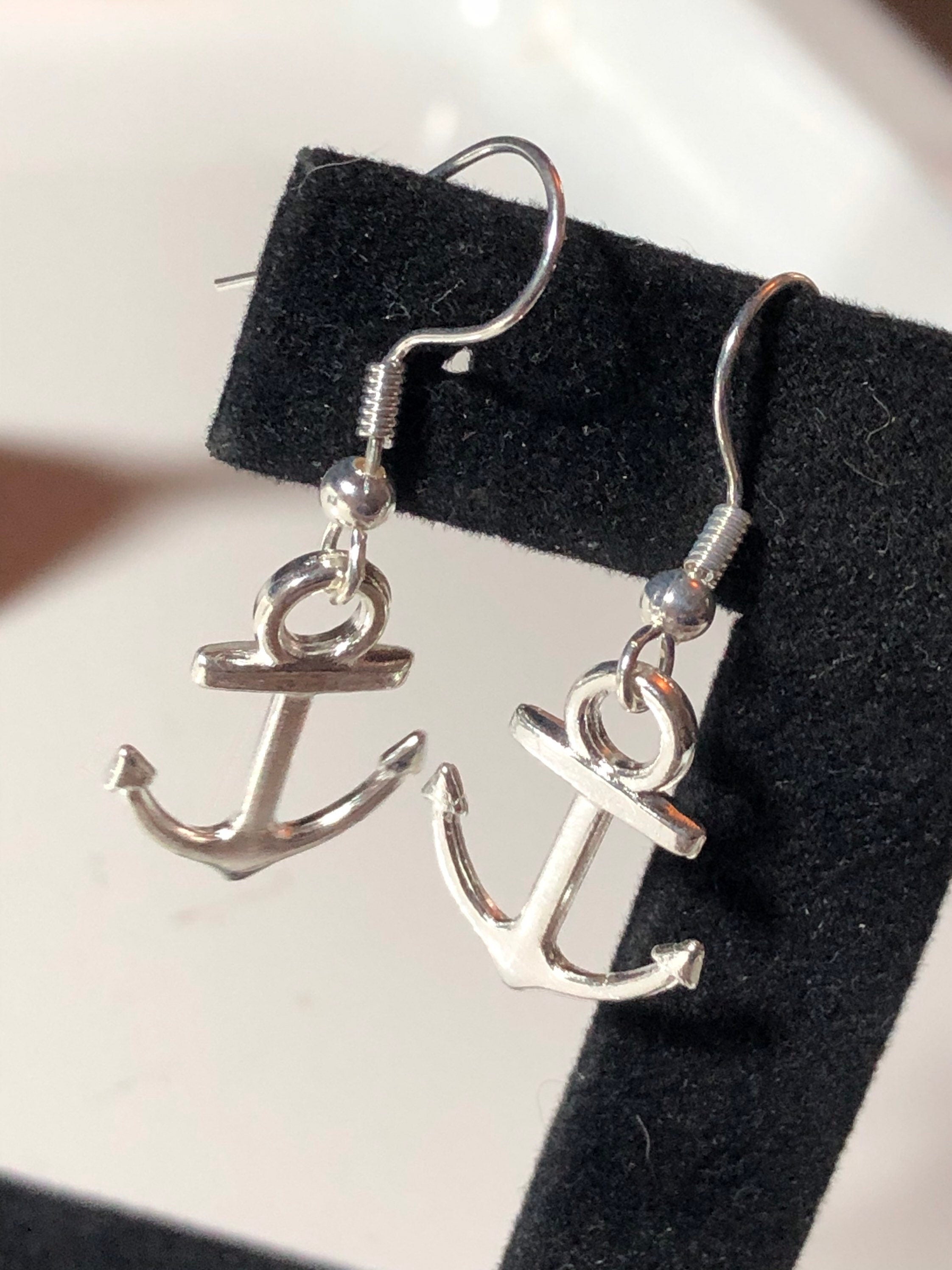 Nautical silver tone anchor small drop earrings pierced ears