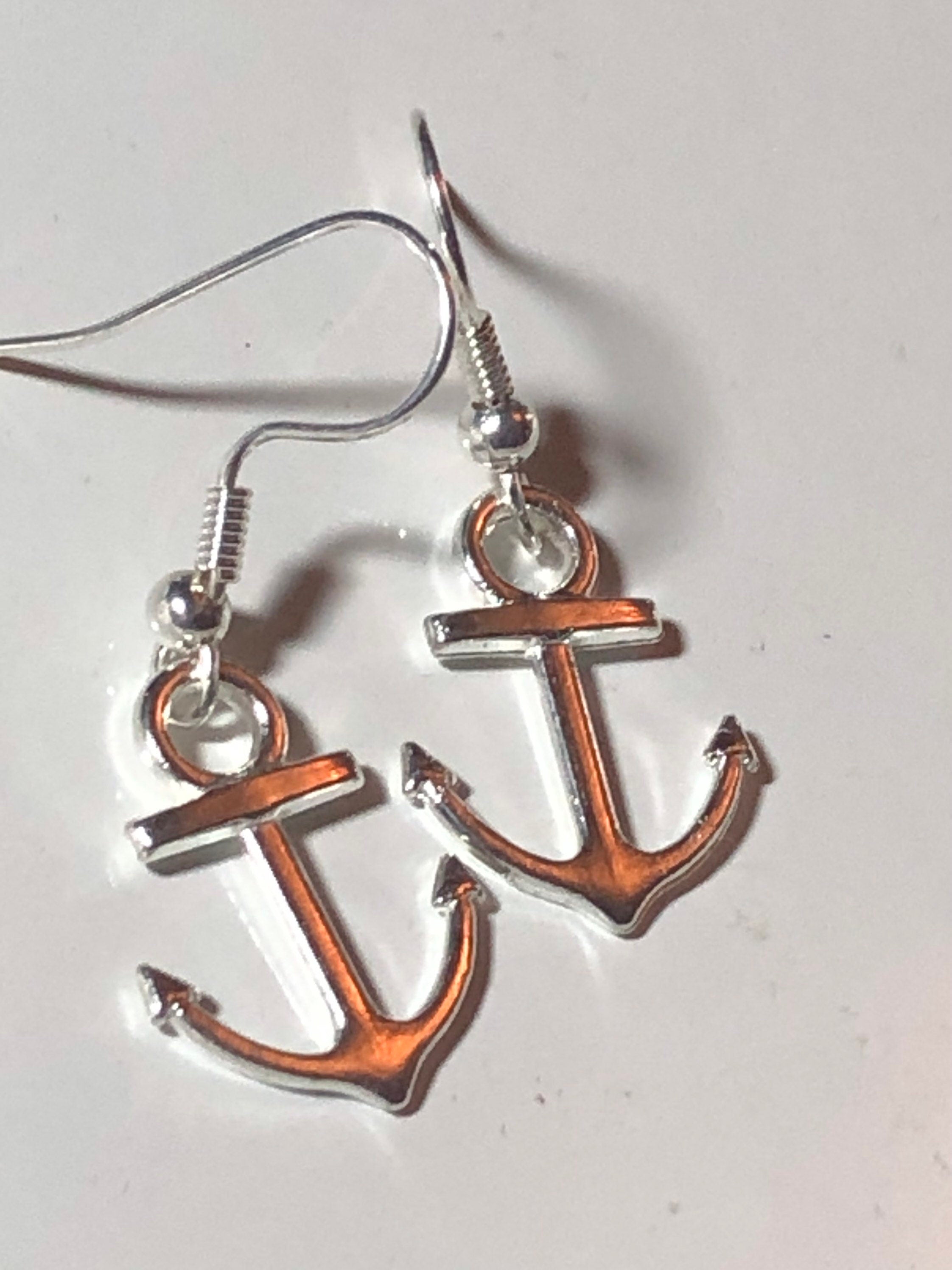 Nautical silver tone anchor small drop earrings pierced ears