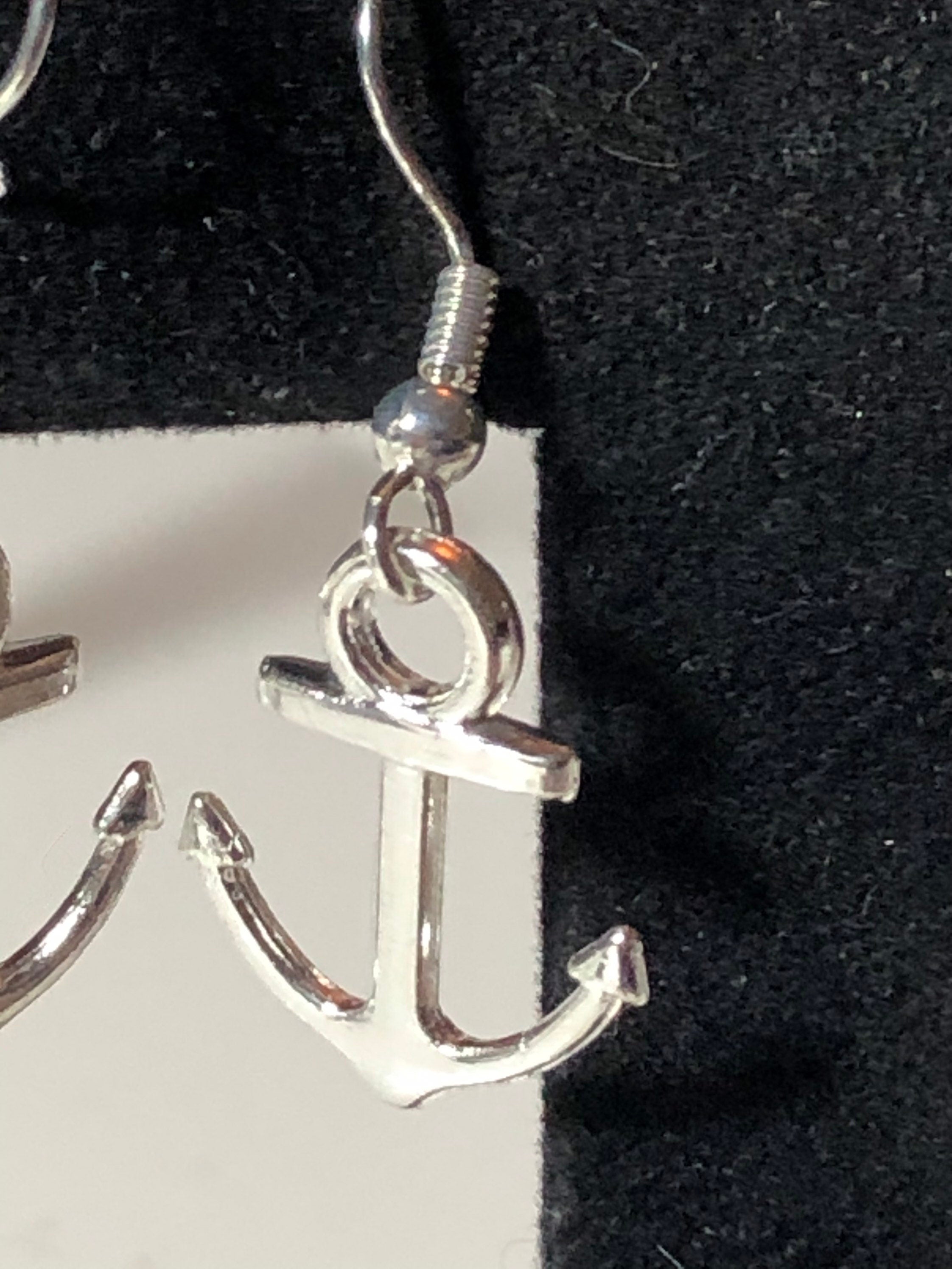 Nautical silver tone anchor small drop earrings pierced ears