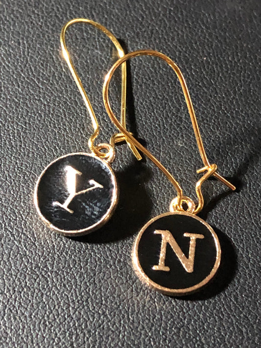 Novelty sexy yes no earrings decision making black enamel gold tone