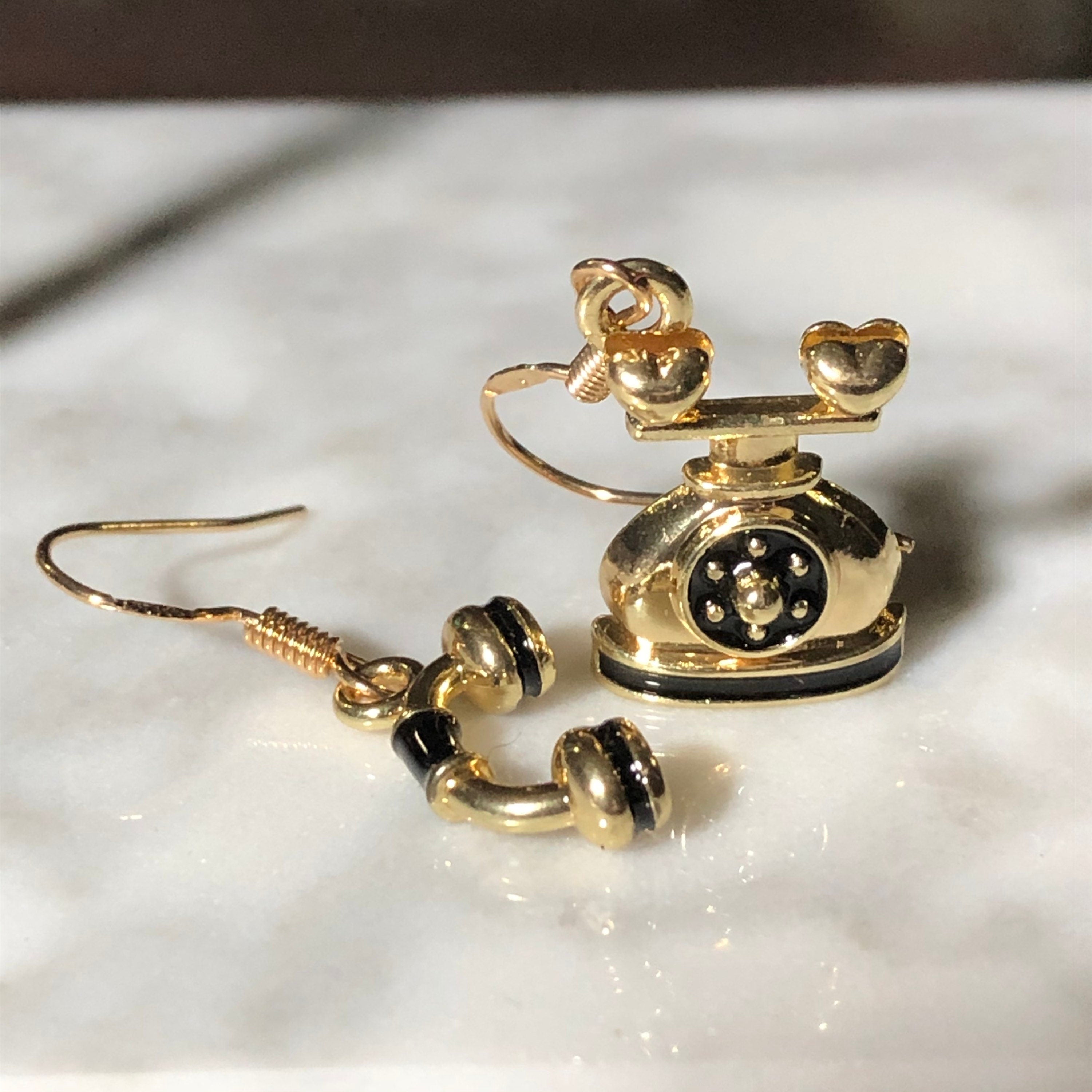 Vintage telephone NOVELTY old fashioned phone drop earrings pierced gold tone