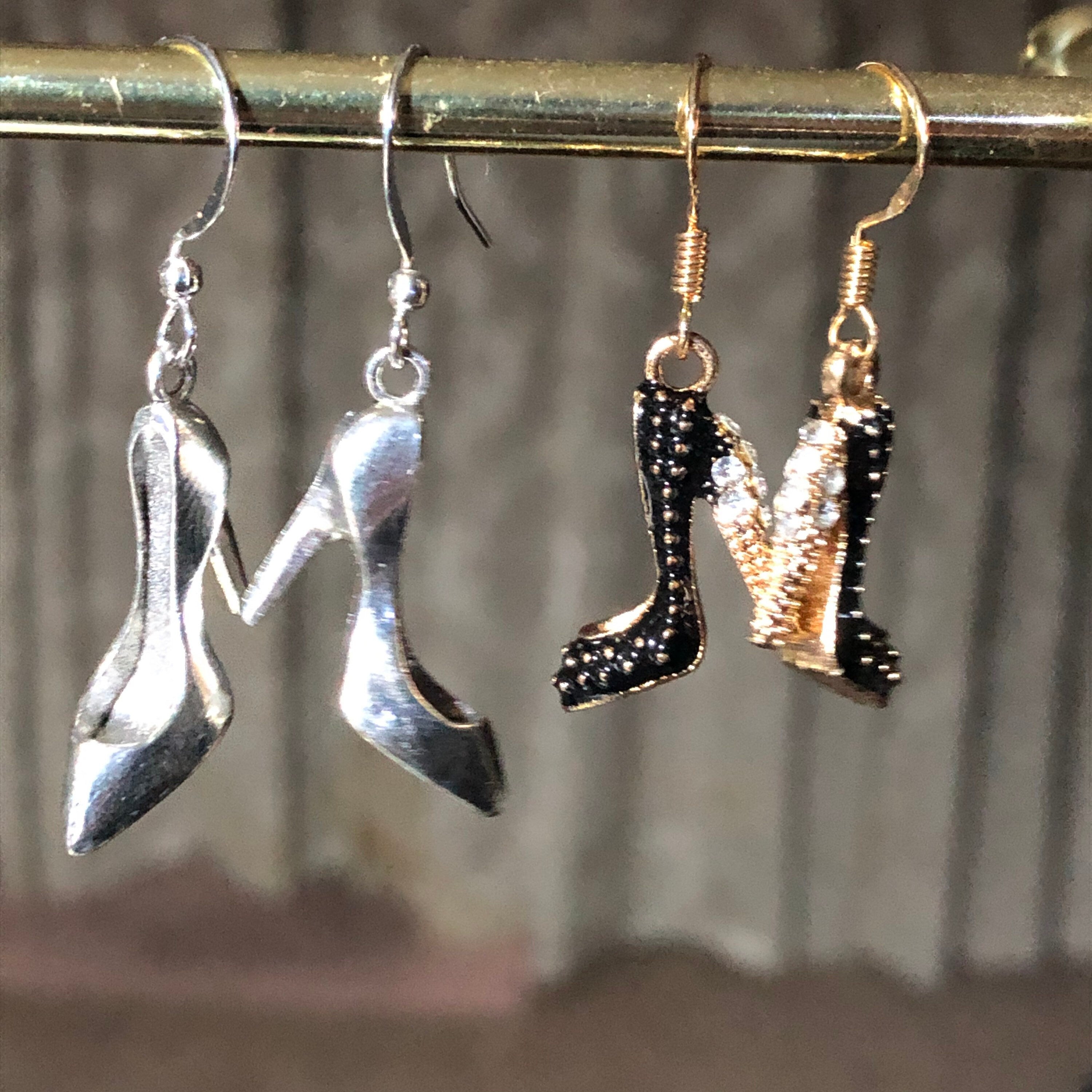 gold and BLACK enamel diamanté stiletto high heel shoe drop earrings pair