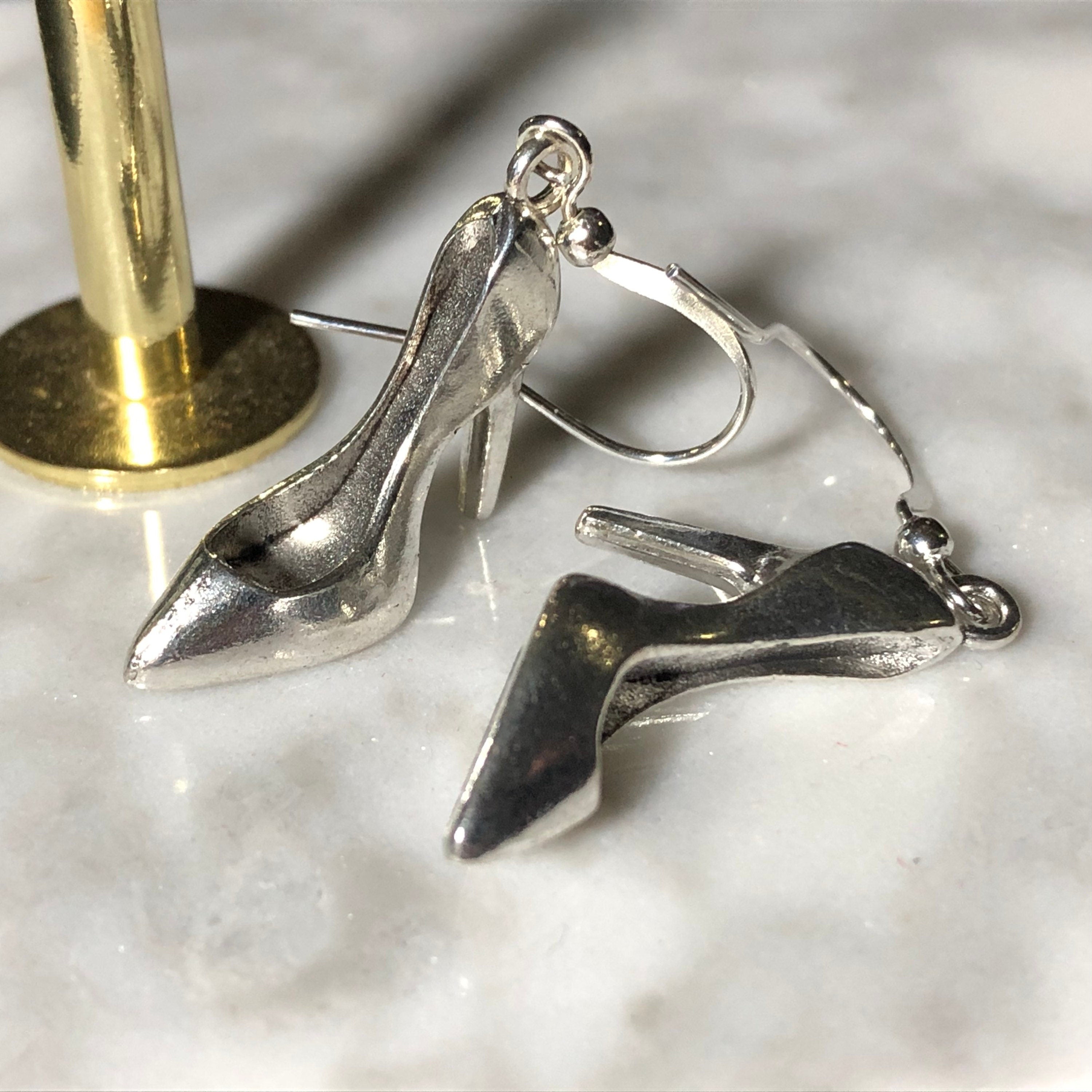 silver tone stiletto high heeled shoe drop earrings for pierced ears