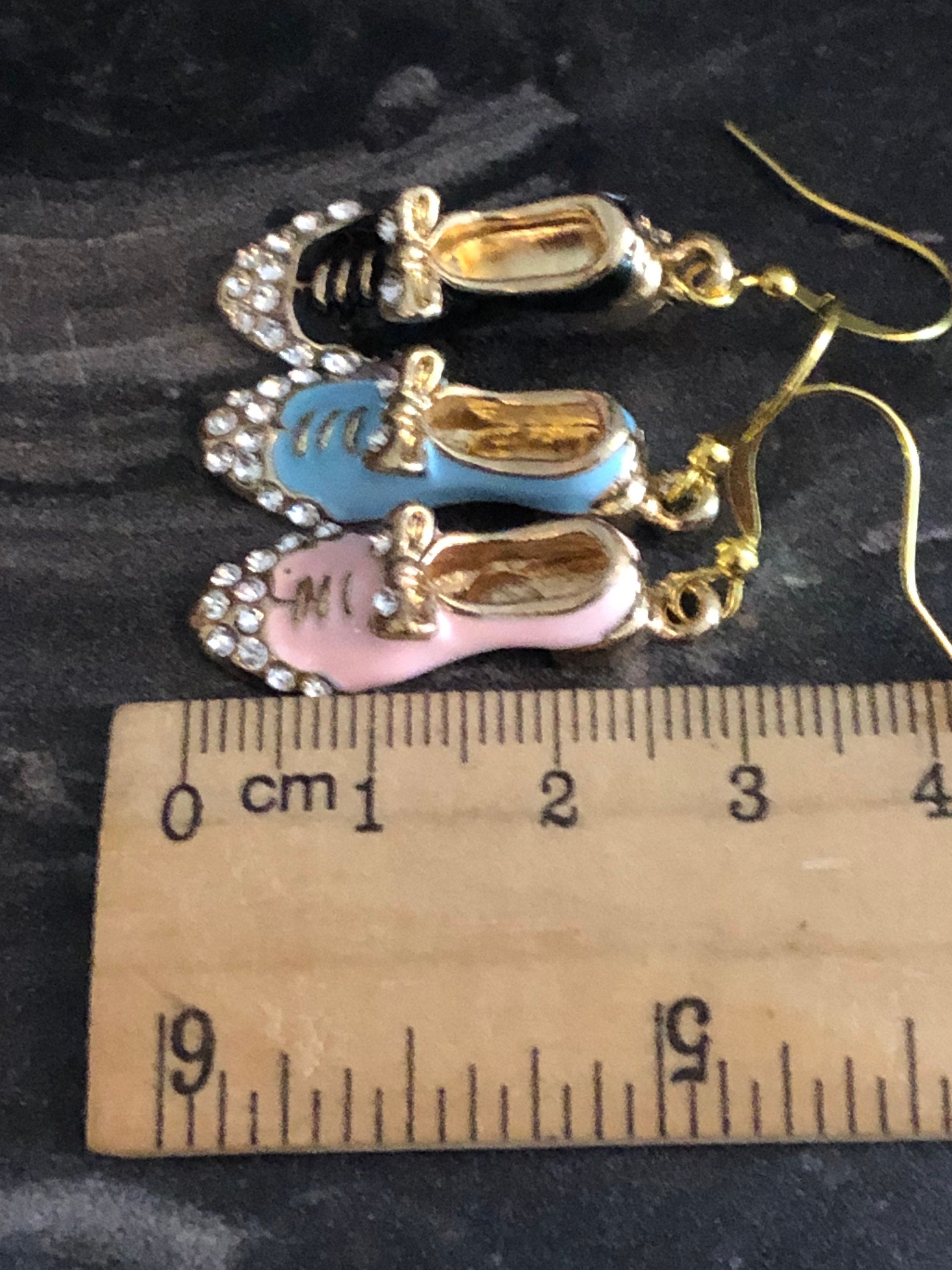 gold tone BLUE enamel and diamanté rhinestone brogue shoe drop earrings for pierced ears