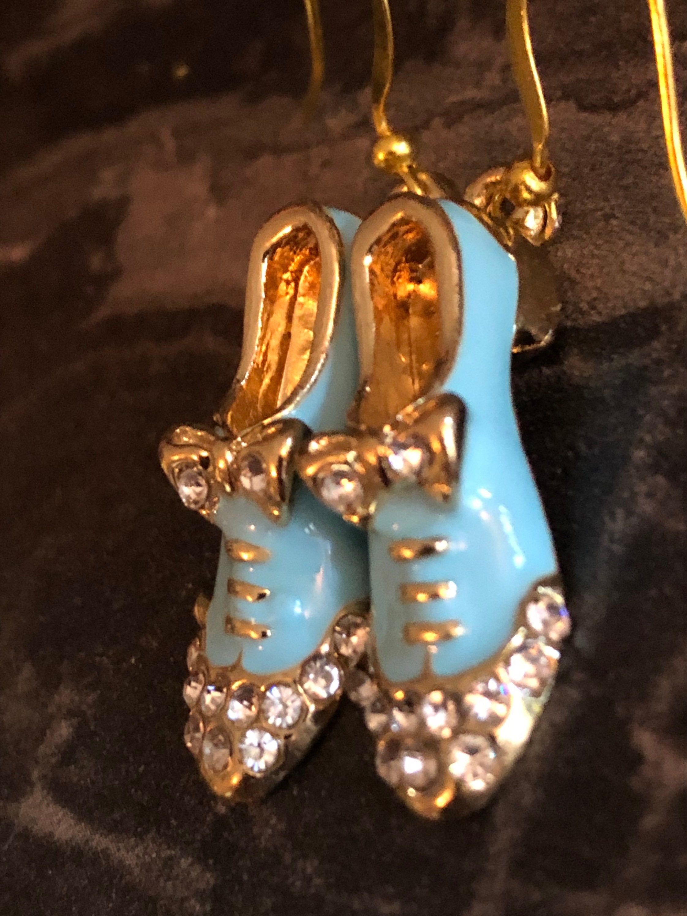 gold tone BLUE enamel and diamanté rhinestone brogue shoe drop earrings for pierced ears