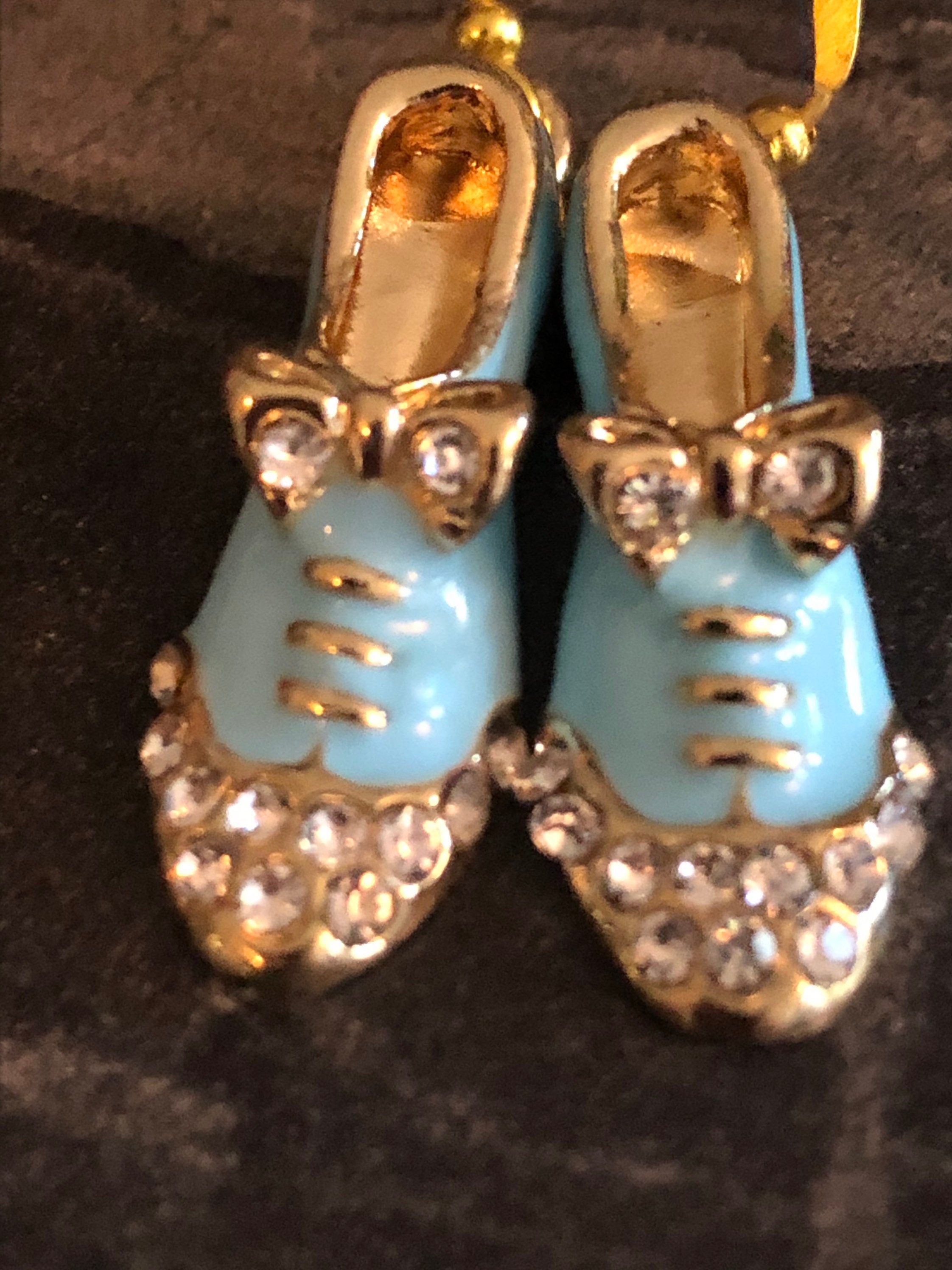 gold tone BLUE enamel and diamanté rhinestone brogue shoe drop earrings for pierced ears