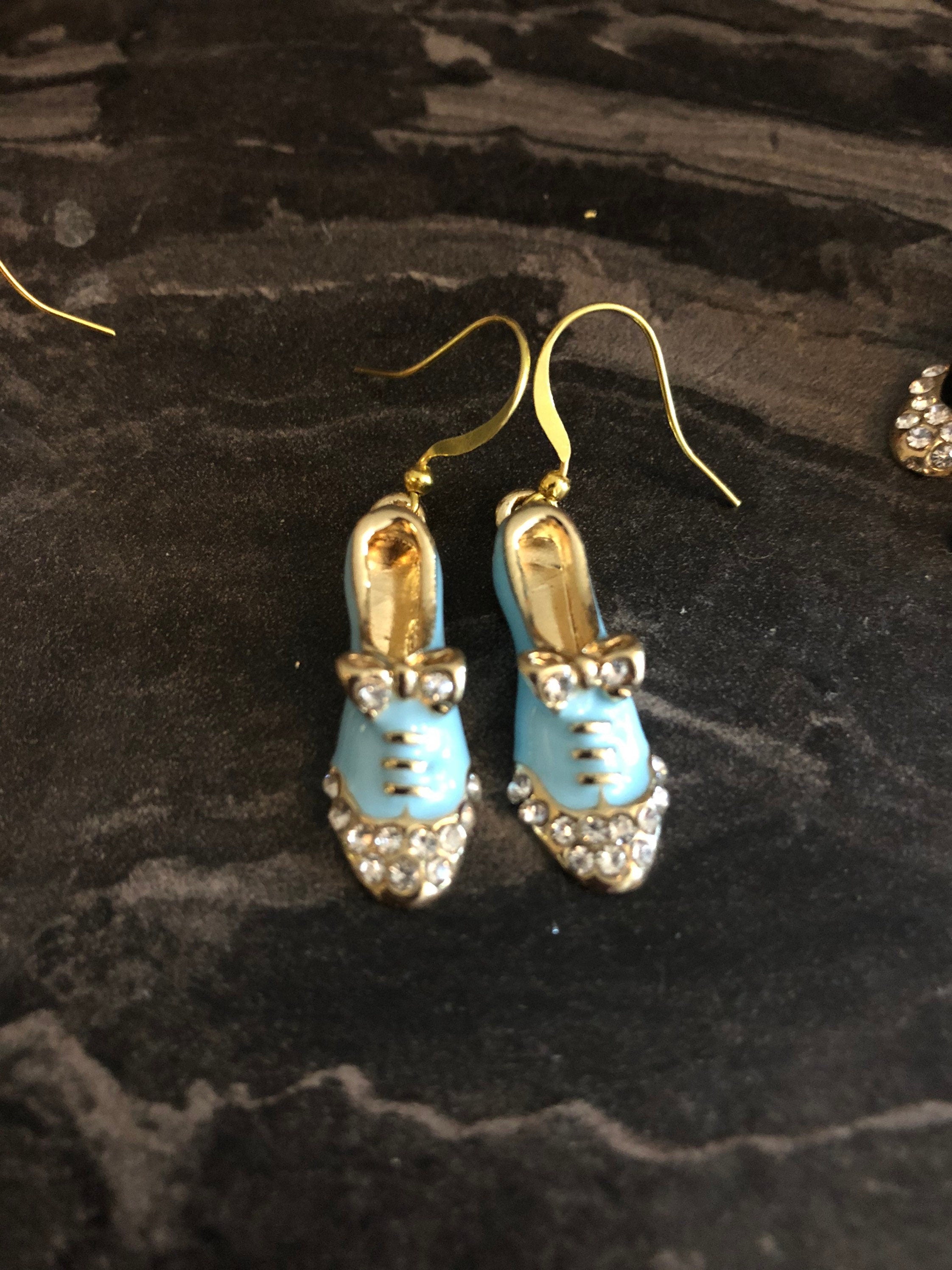 gold tone BLUE enamel and diamanté rhinestone brogue shoe drop earrings for pierced ears