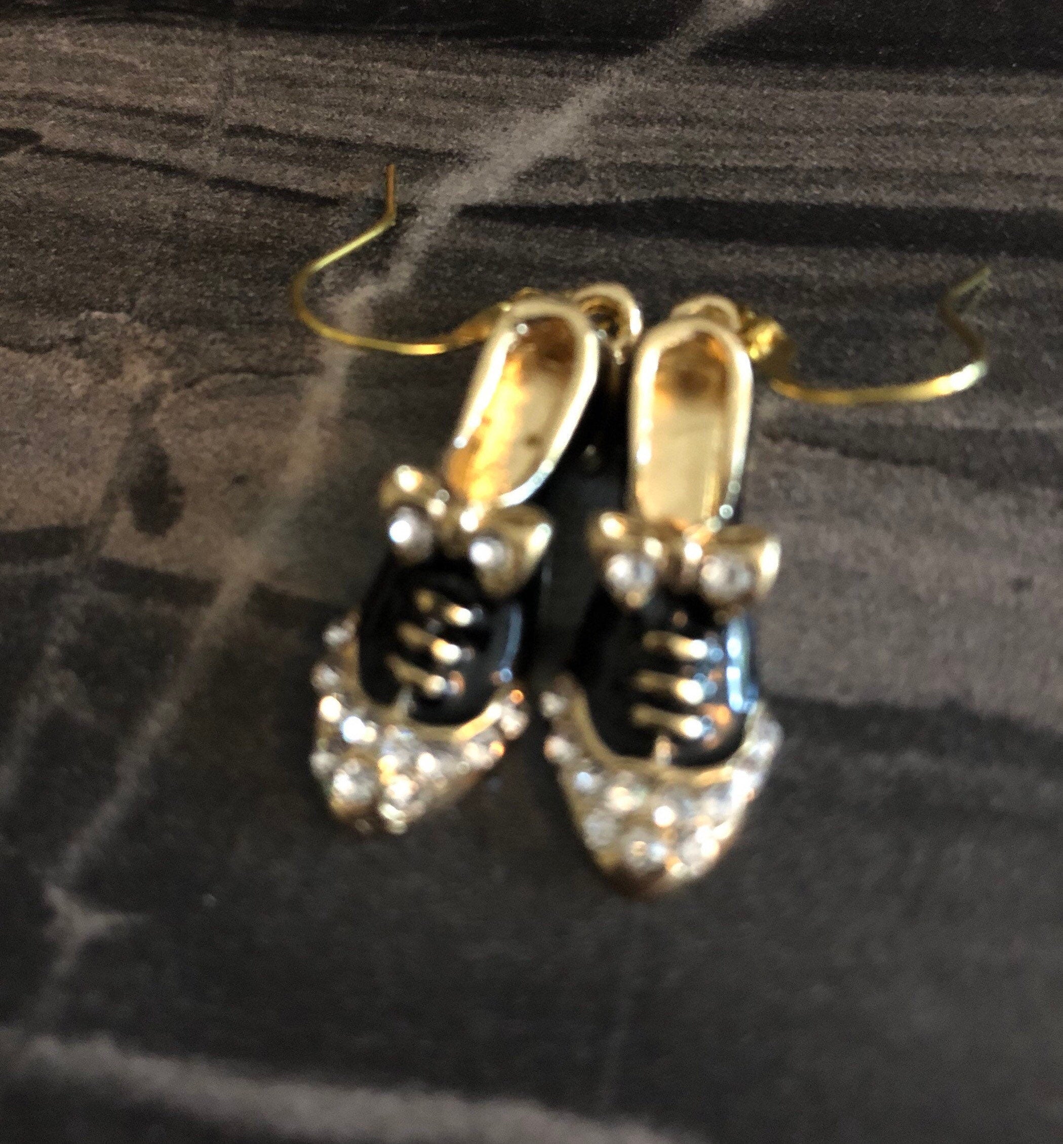 Black enamel diamanté brogue shoe earrings