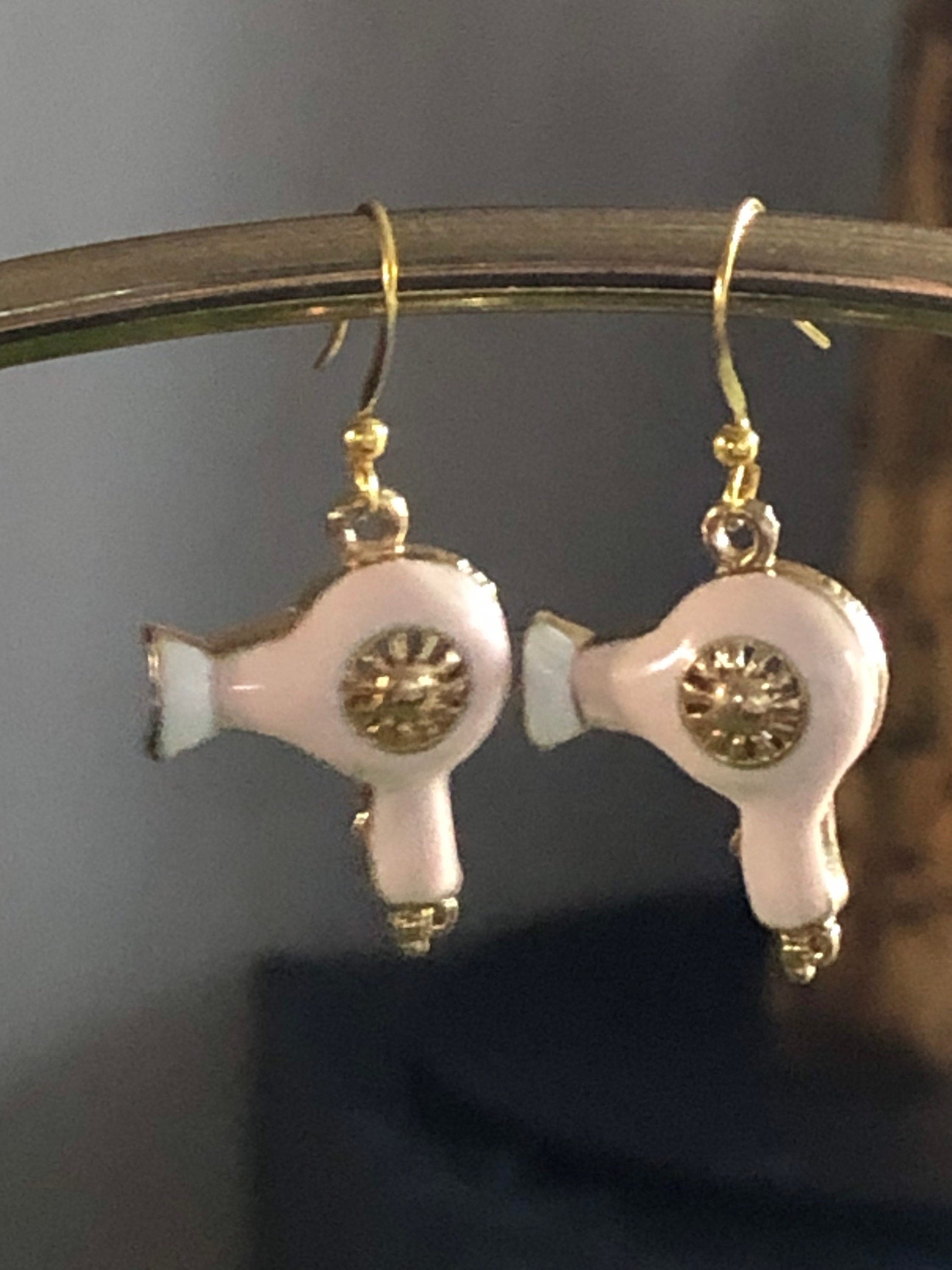 gold tone blush pink enamel diamanté hairdryer drop earrings