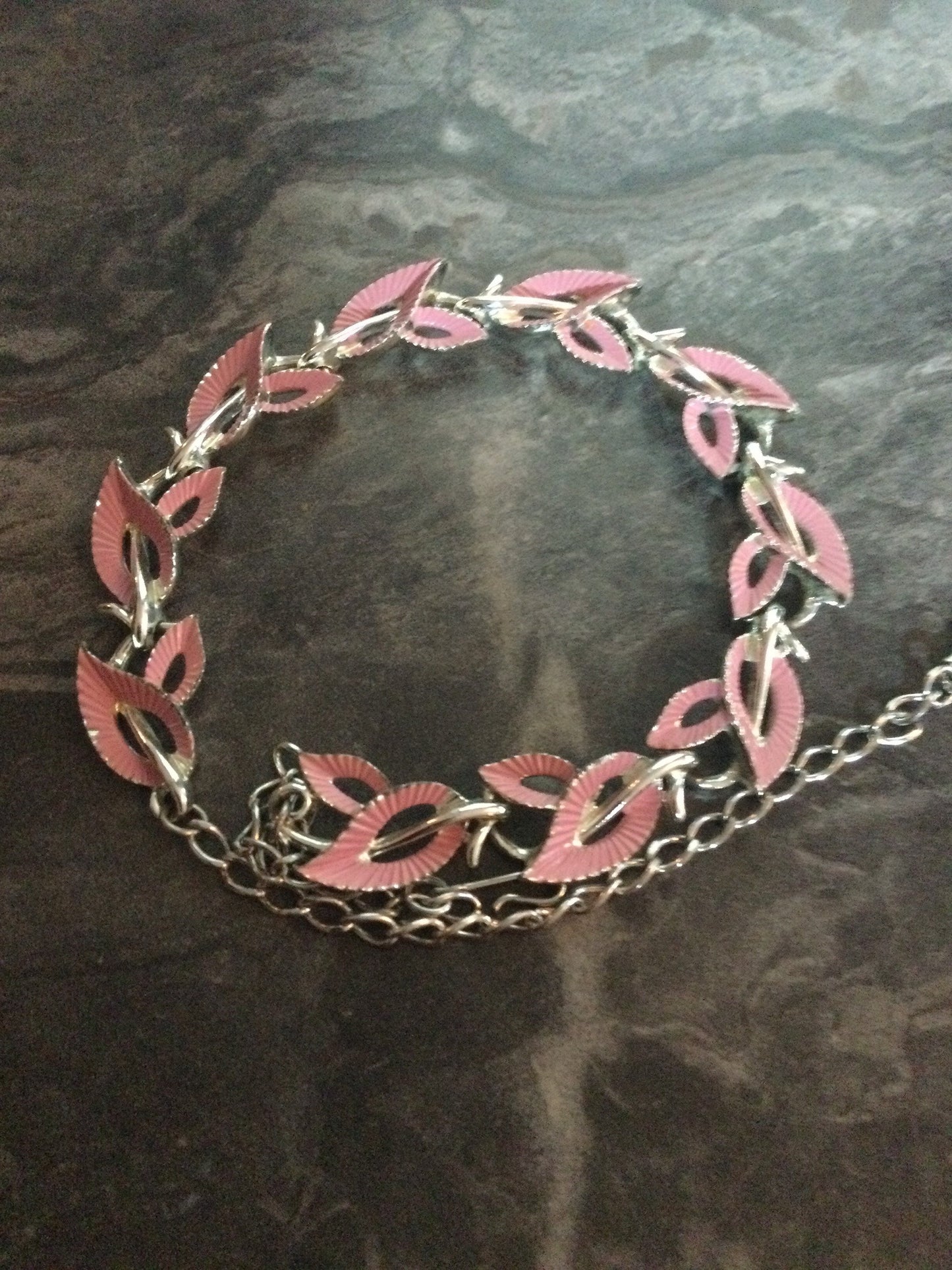 17” Vintage baby pink enamel leaf design chain link panel link silver tone chrome metal choker necklace adjustable length mid century