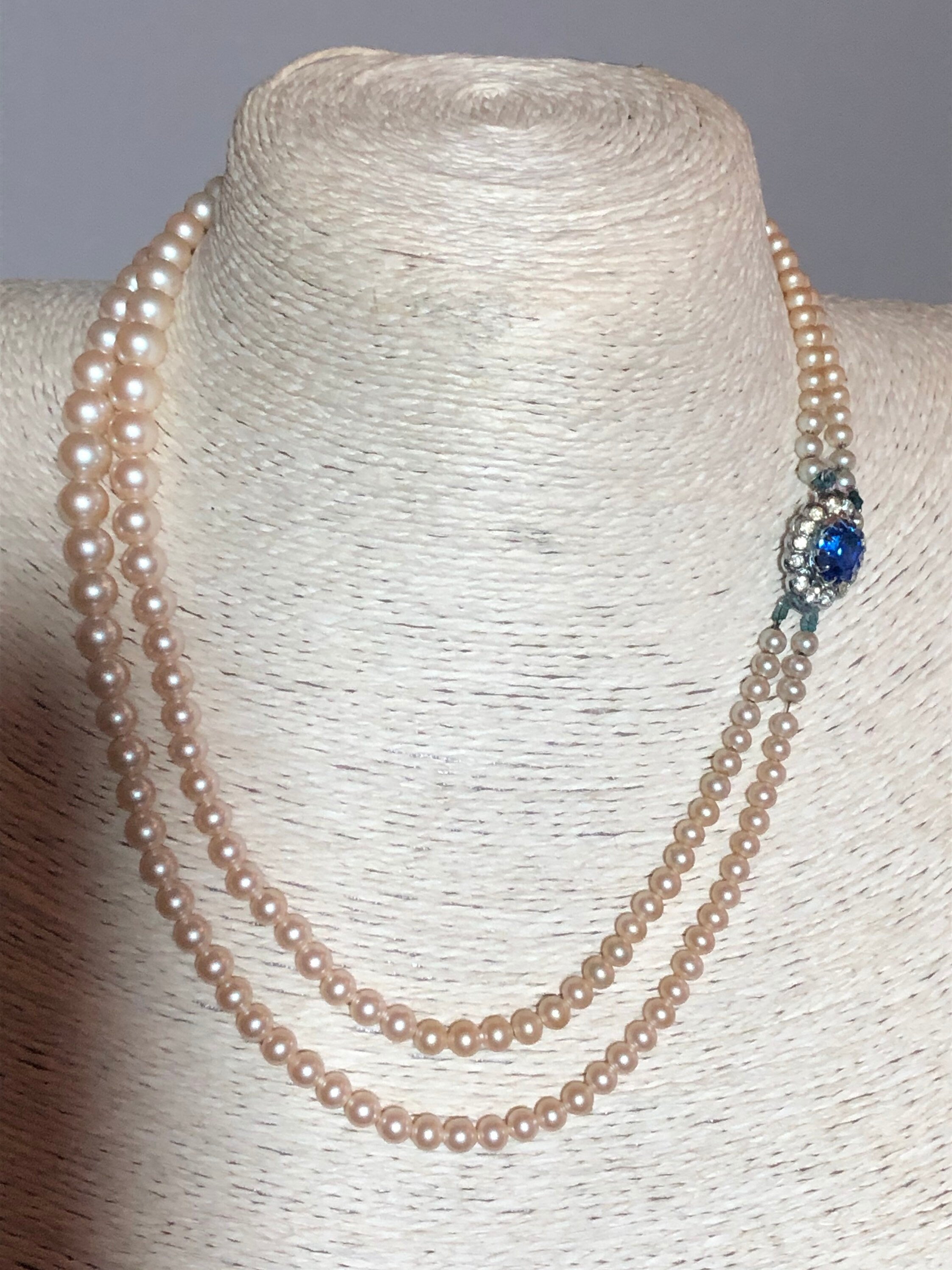 vintage glass pearl necklace choker double 2 row strand diamante clasp sapphire paste party evening wear gatsby style 1940s 1930s Art Deco