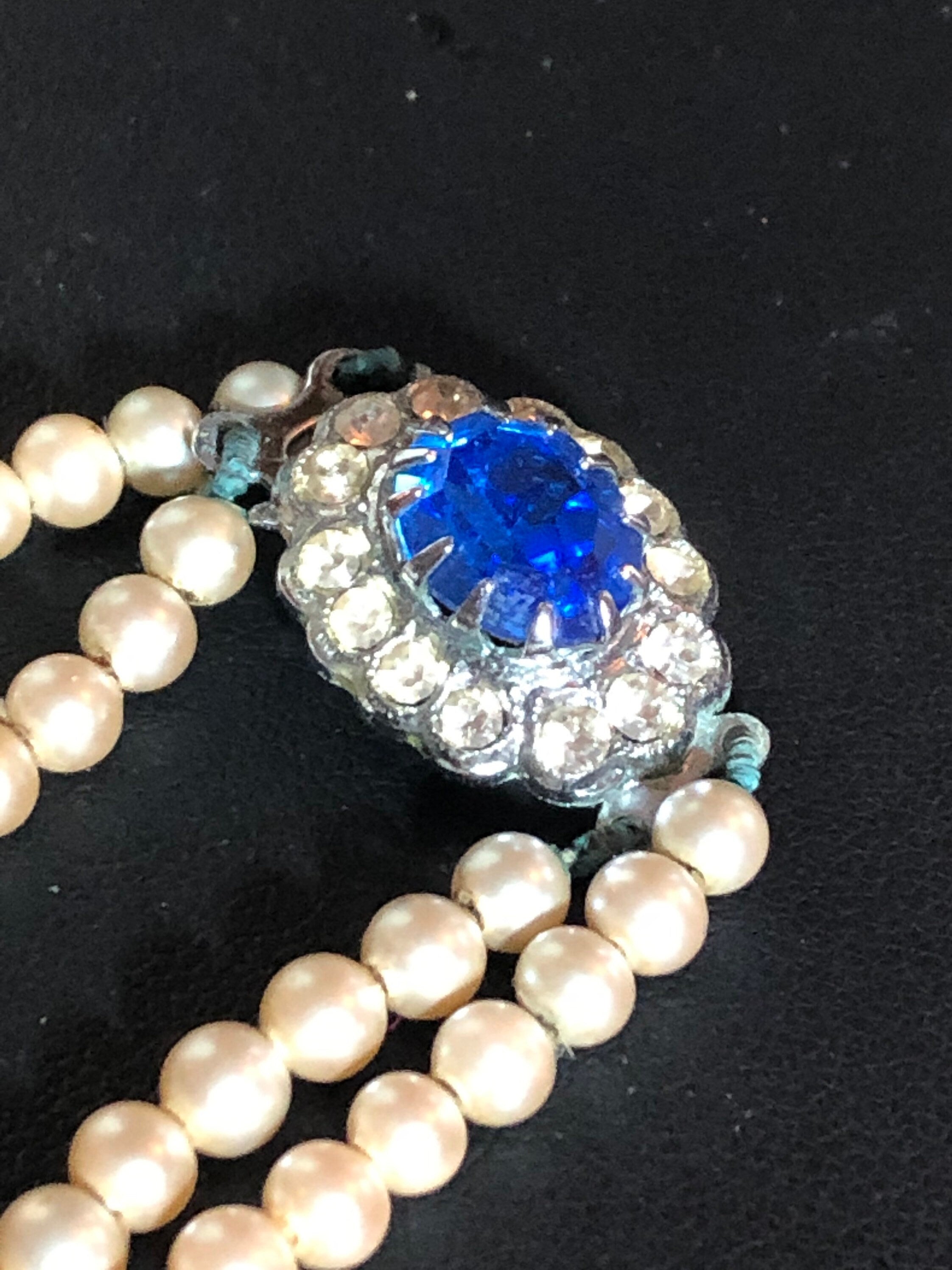 vintage glass pearl necklace choker double 2 row strand diamante clasp sapphire paste party evening wear gatsby style 1940s 1930s Art Deco