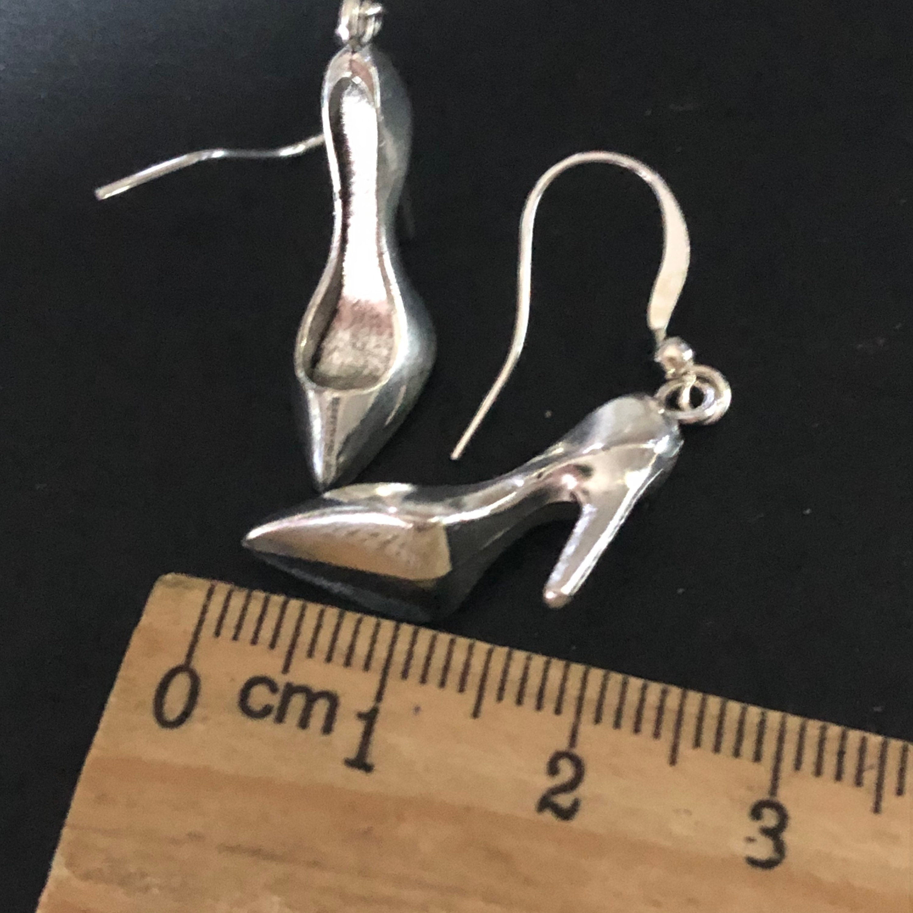 silver tone stiletto high heeled shoe drop earrings for pierced ears