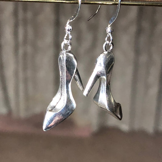 silver tone stiletto high heeled shoe drop earrings for pierced ears