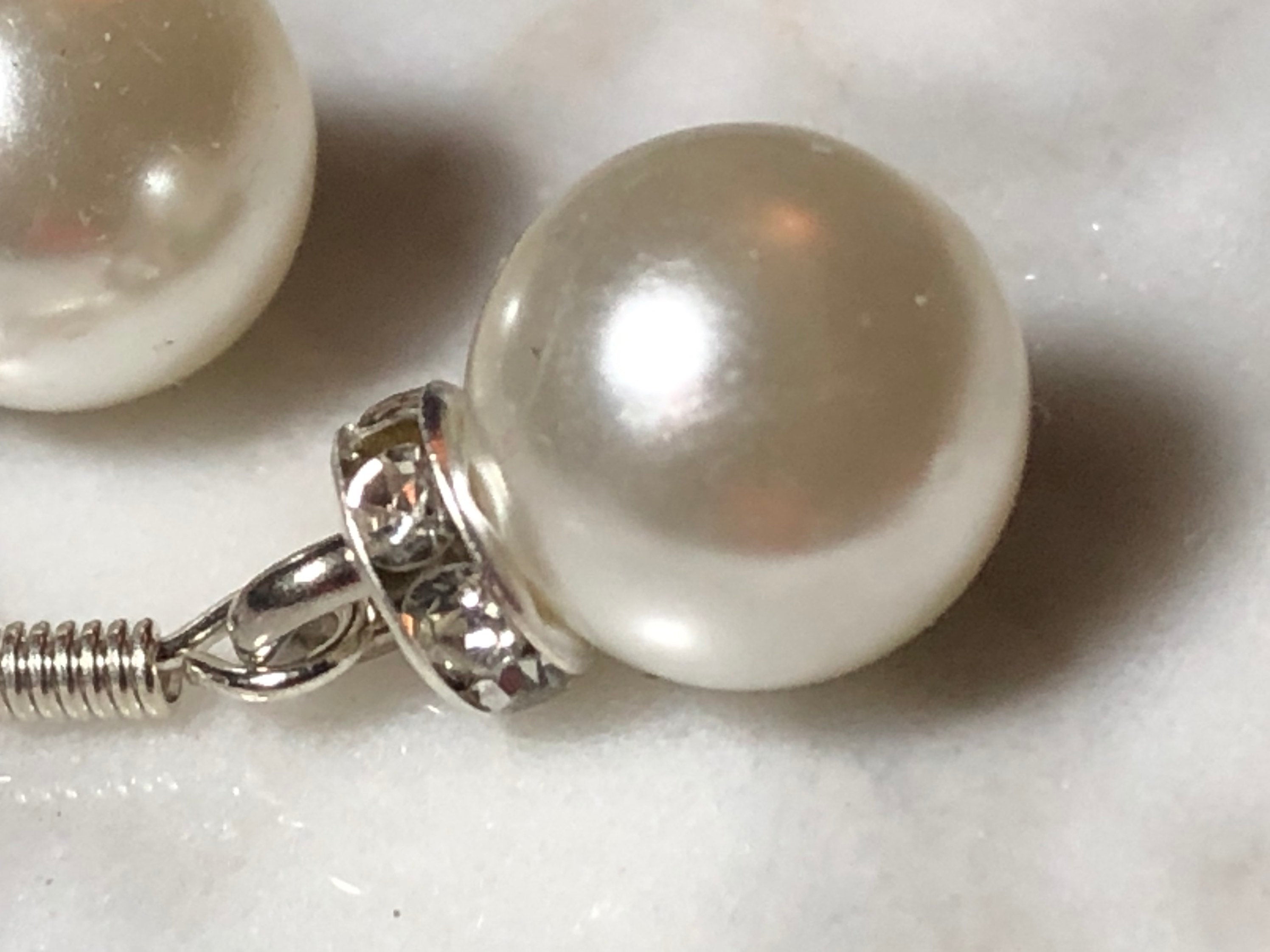 White faux pearl & diamanté silver tone ball earrings