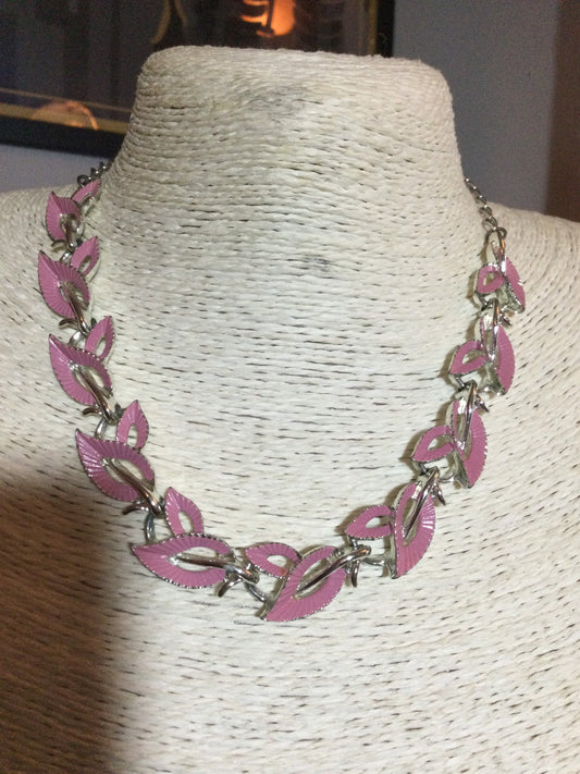 17” Vintage baby pink enamel leaf design chain link panel link silver tone chrome metal choker necklace adjustable length mid century