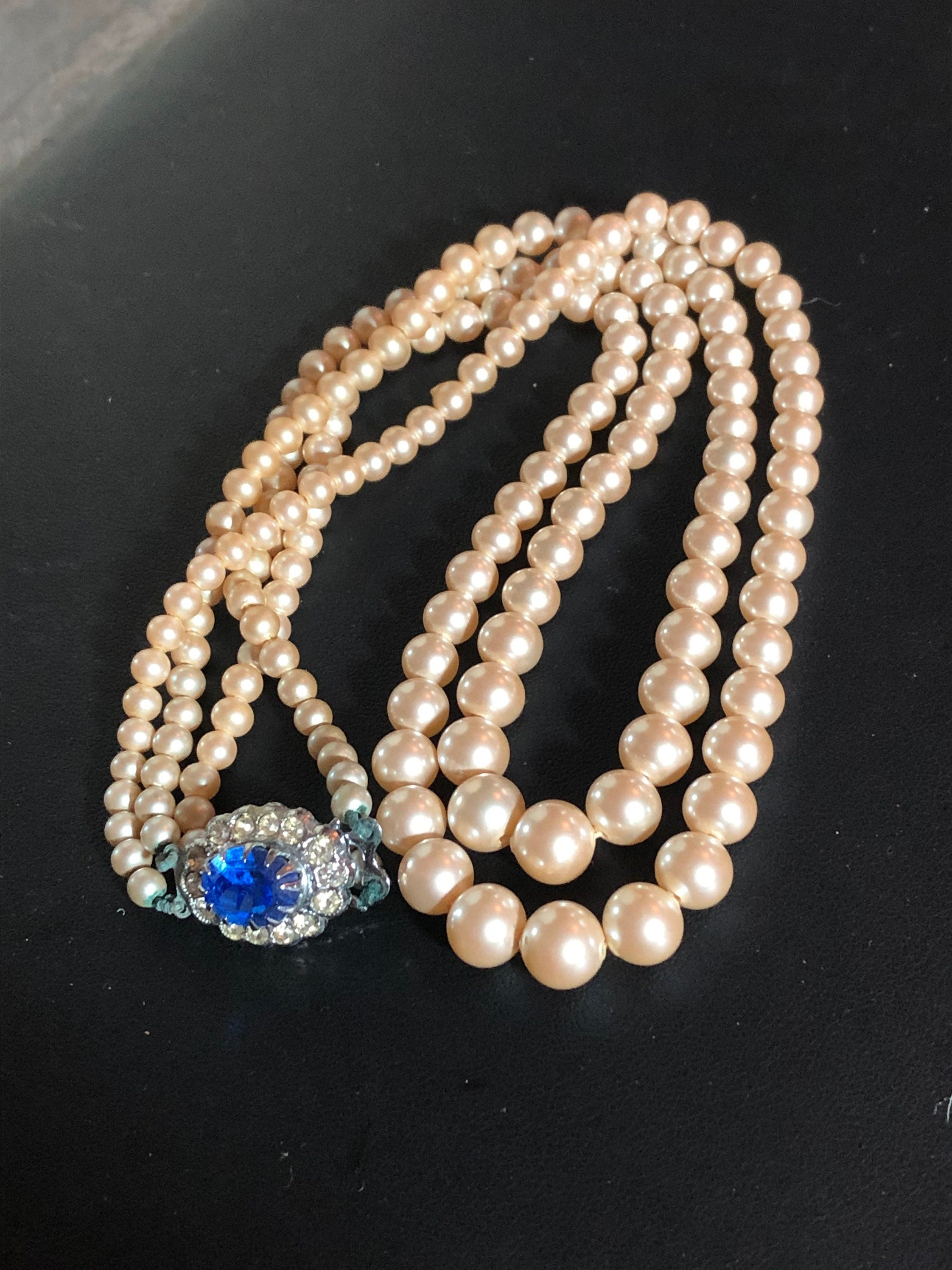 vintage glass pearl necklace choker double 2 row strand diamante clasp sapphire paste party evening wear gatsby style 1940s 1930s Art Deco