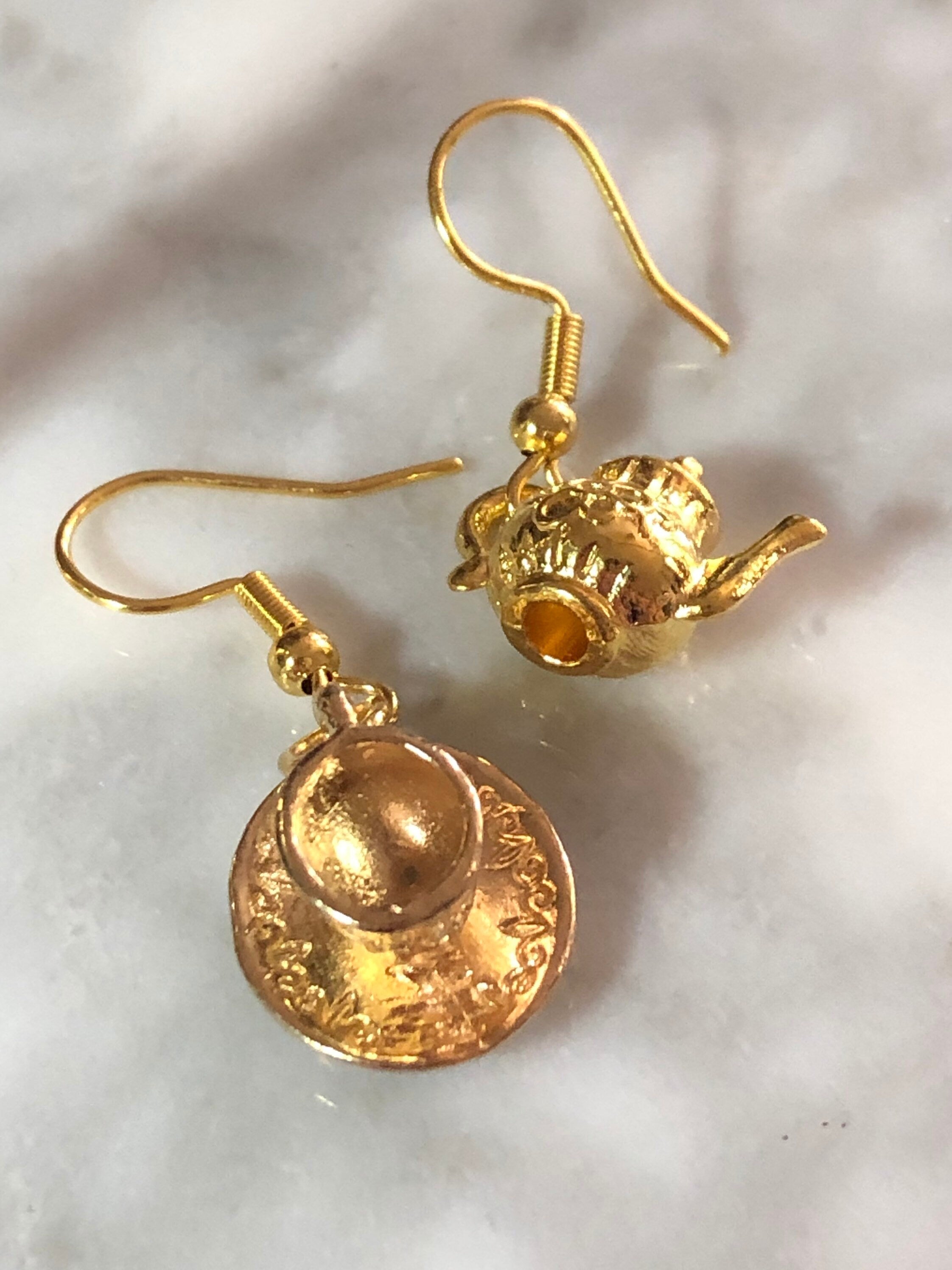 Cup and saucer earrings Vintage tea party gold tone