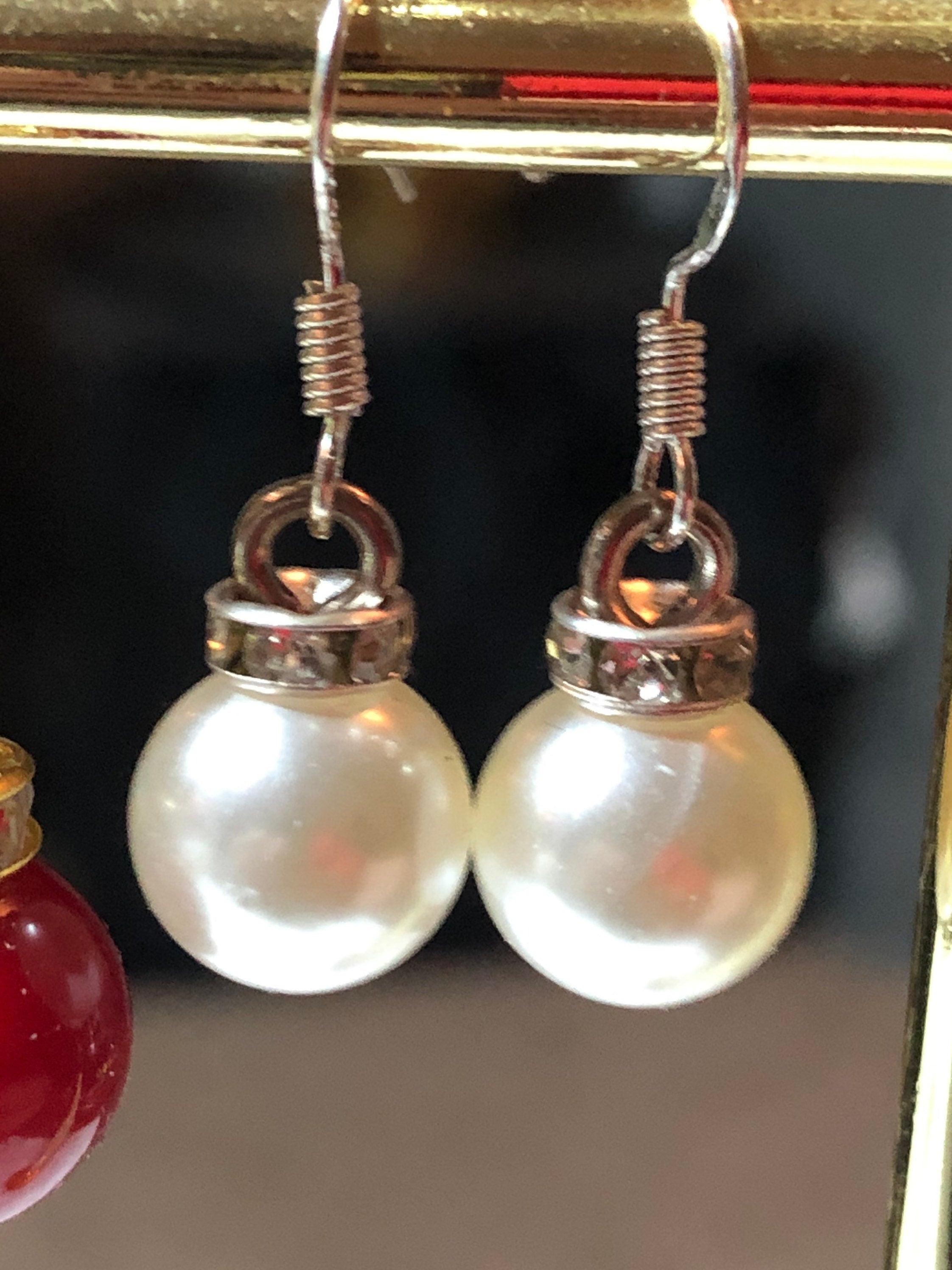 White faux pearl & diamanté silver tone ball earrings