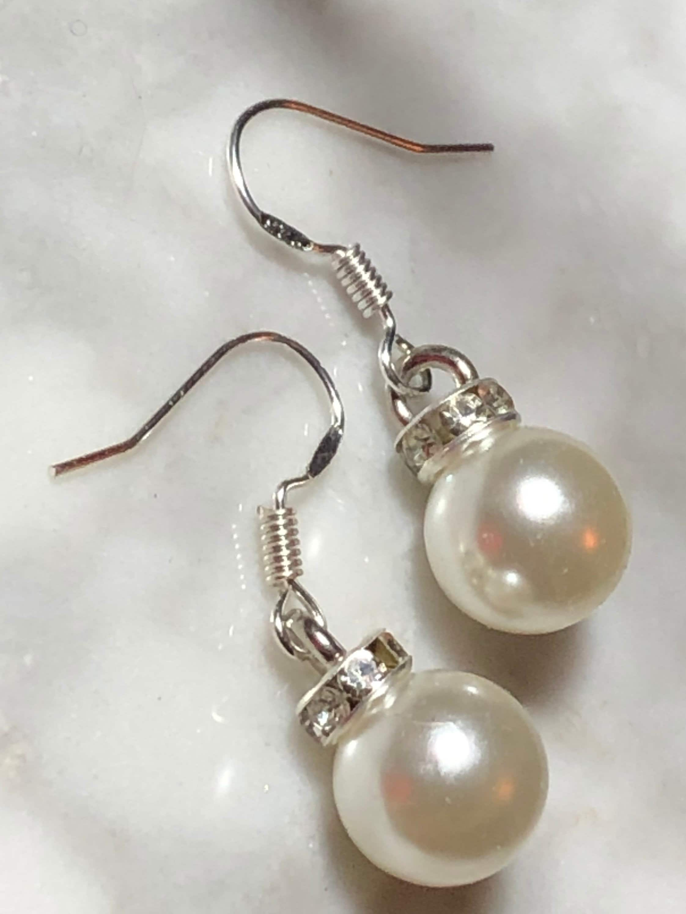 White faux pearl & diamanté silver tone ball earrings