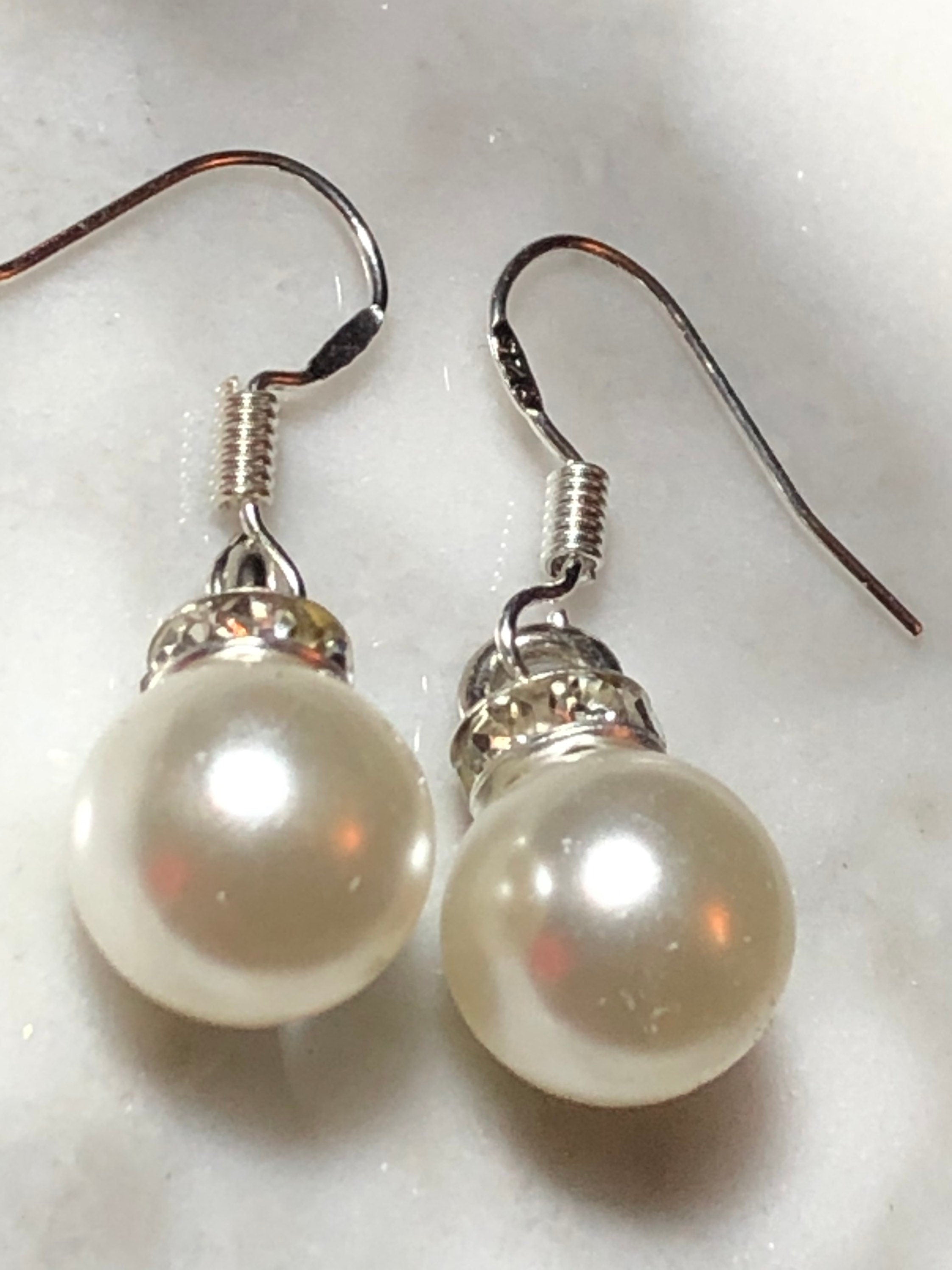 White faux pearl & diamanté silver tone ball earrings