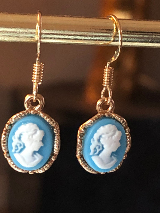 gold tone Wedgwood blue white drop CAMEO earrings