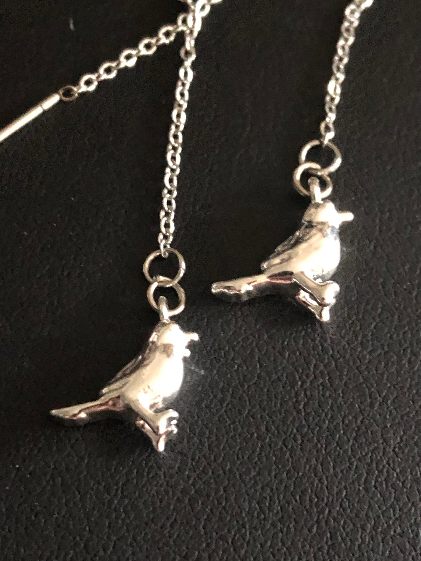 Silver plated bird drop earrings pierced pull through threader