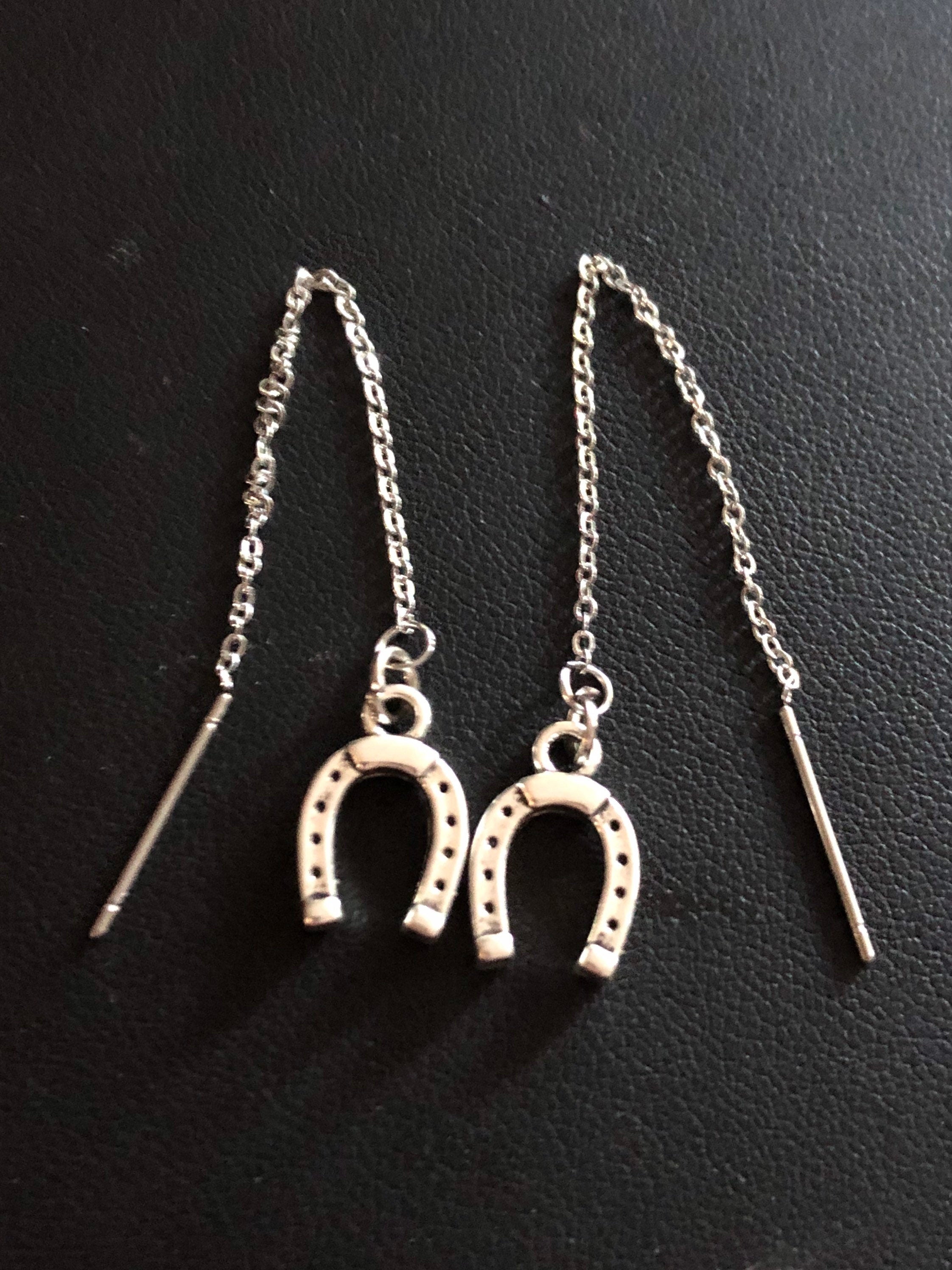 lucky horseshoe threader earrings pierced pull through silver tone