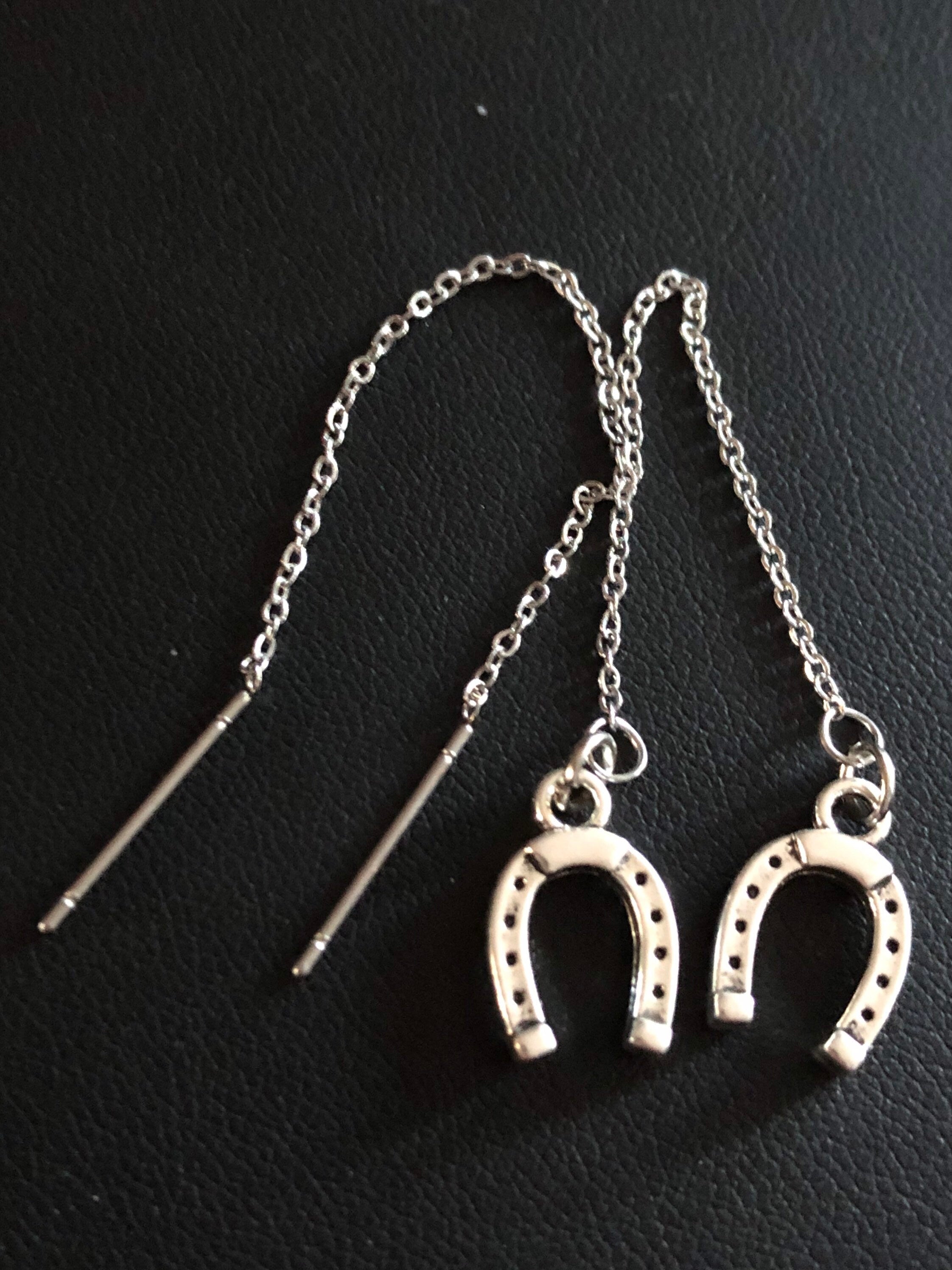 lucky horseshoe threader earrings pierced pull through silver tone