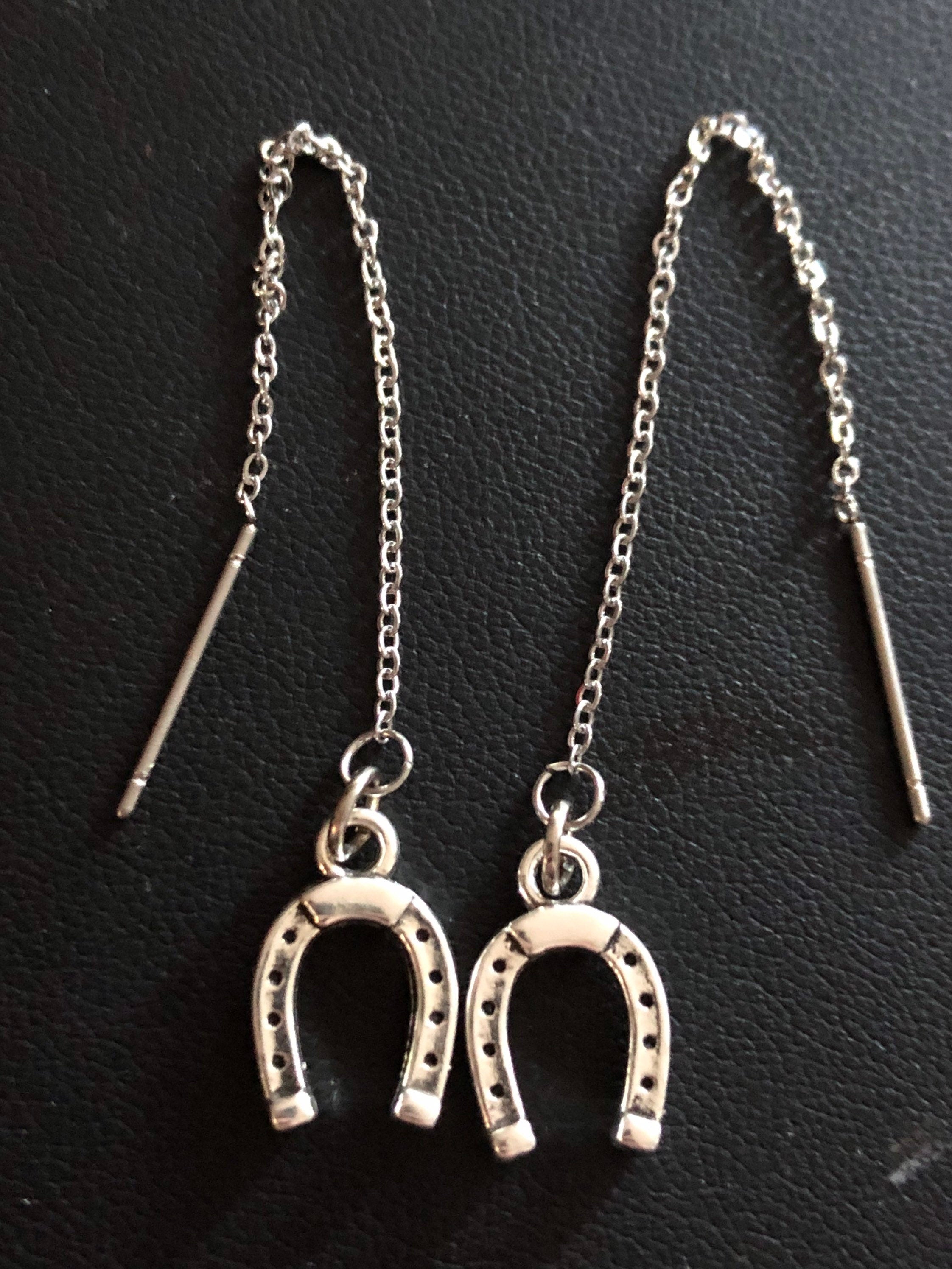 lucky horseshoe threader earrings pierced pull through silver tone